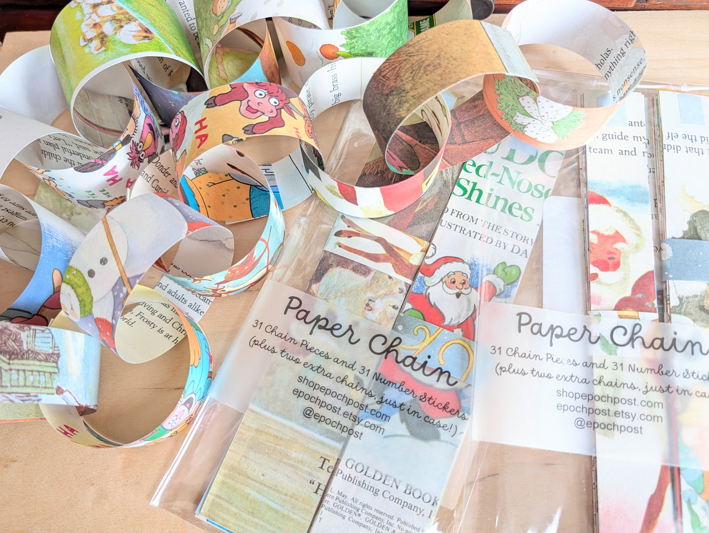Christmas Golden Book Paper Chain Kit, 31 Chains and Number Stickers to Count Down or Decorate, Made with Book Pages, 1 or 1.5 Inches Wide