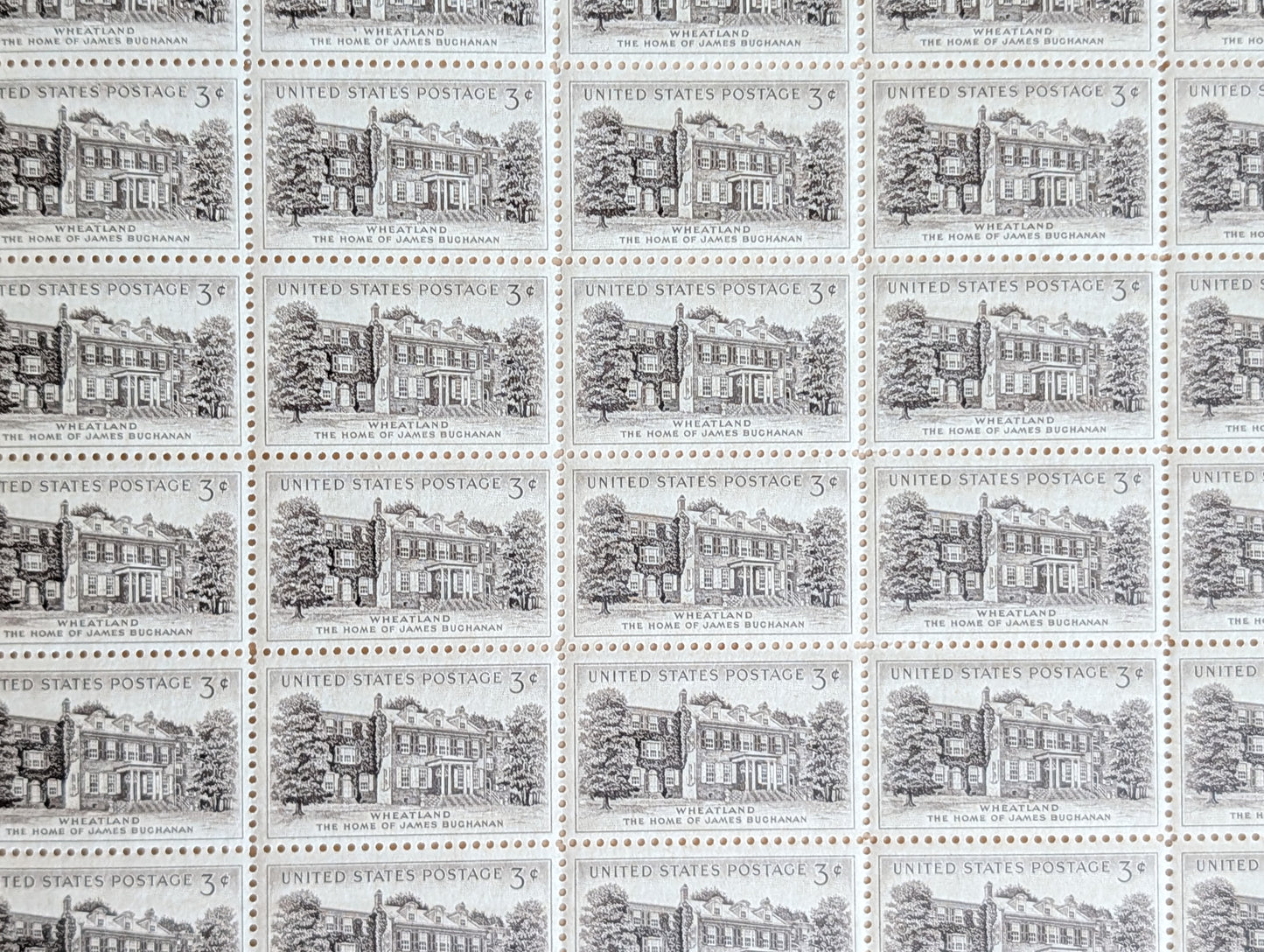 Sheet of 50 Wheatland The Home of James Buchanan Stamps, 3 Cent 1956 Unused US Postage Stamps