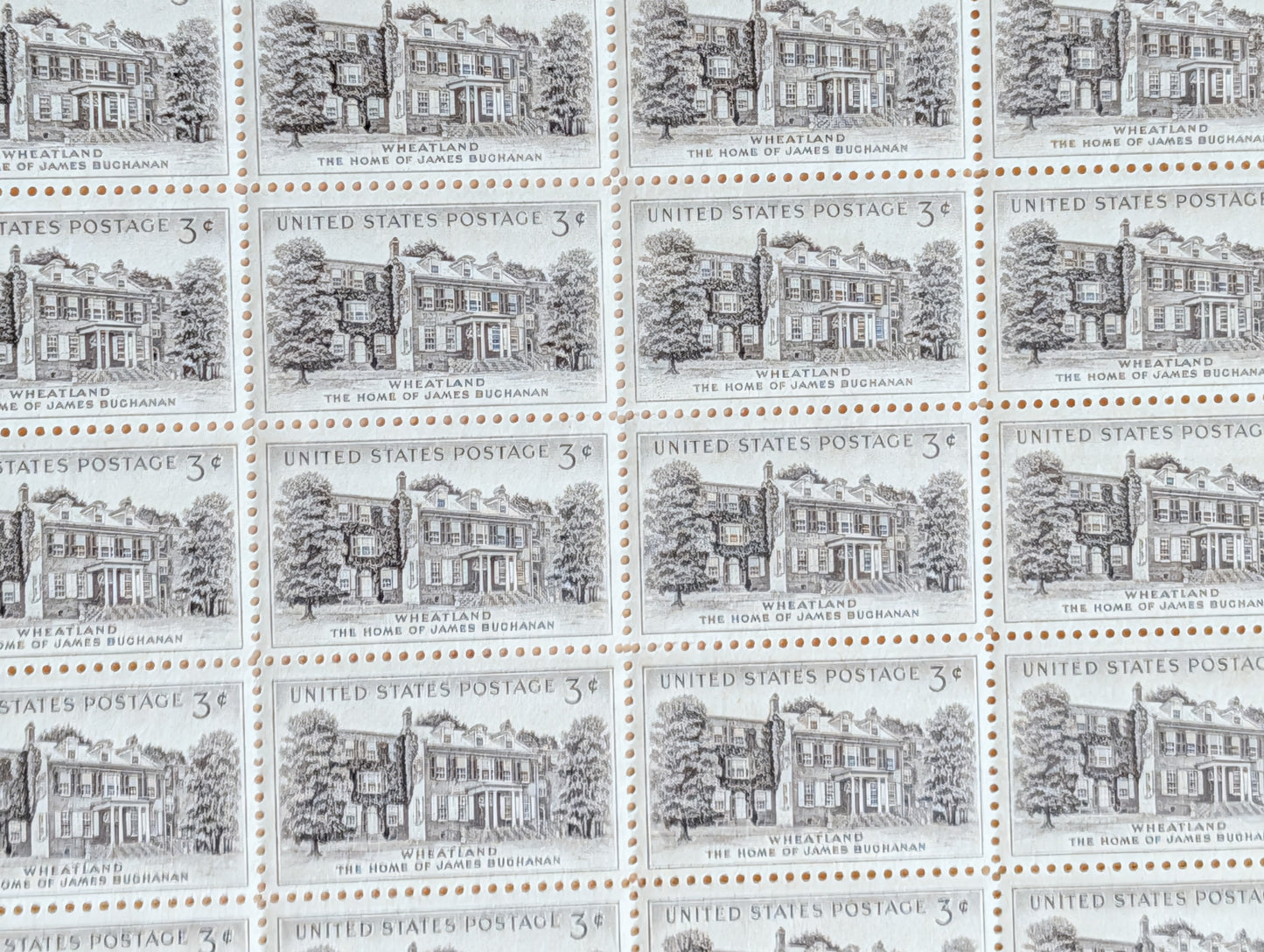 Sheet of 50 Wheatland The Home of James Buchanan Stamps, 3 Cent 1956 Unused US Postage Stamps