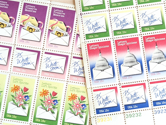 P.S. Write Soon, Vintage Unused USPS 15 Cent Postage Stamps, Letters Lift Spirits, 1980, Gummed