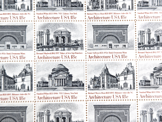 Architecture, Vintage Unused USPS 18 Cent Postage Stamps, American Architecture (Biltmore Asheville NC, NYU Library, Palace of Arts San Francisco, Bank Owatonna), 1981, Gummed