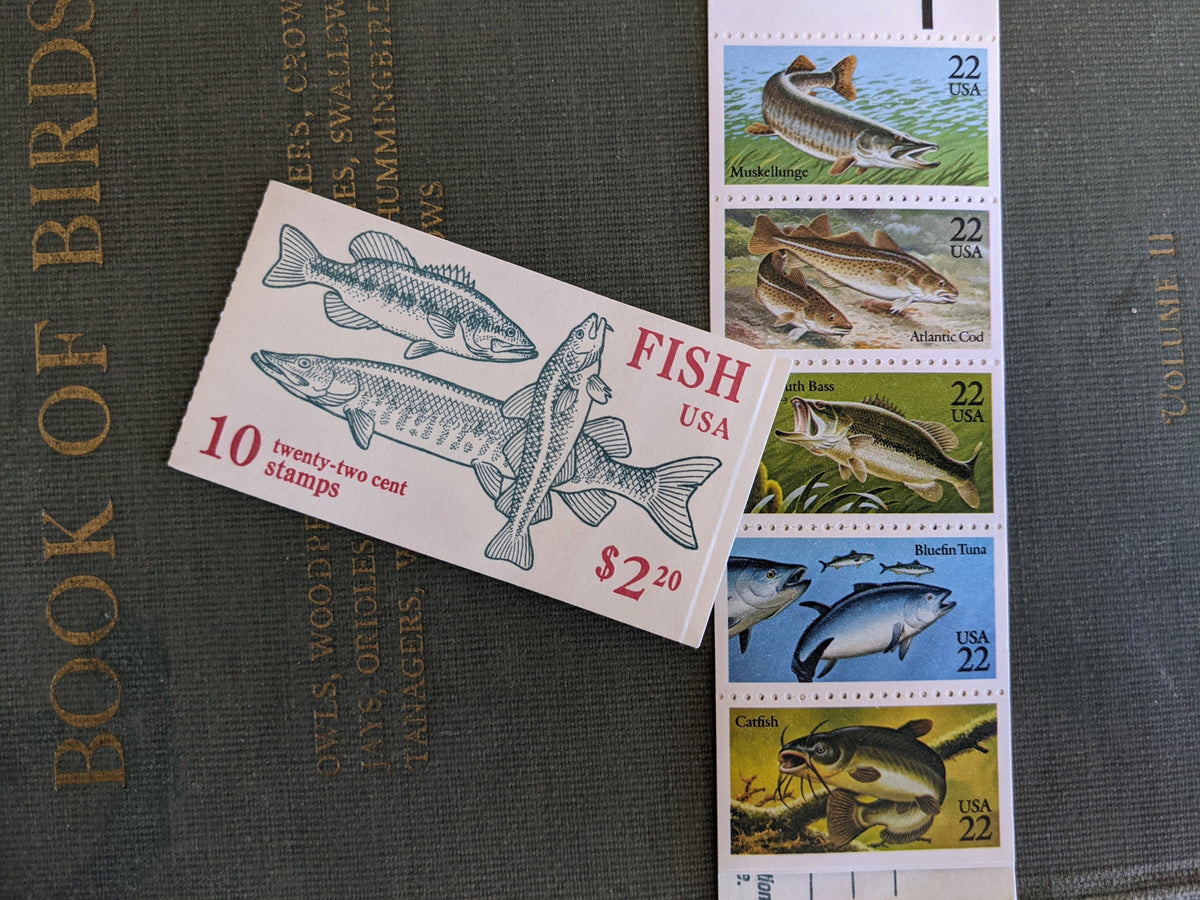 Booklet of 10 Fish Stamps, Vintage Unused USPS 22 Cent Postage Stamps, 1986 Gummed