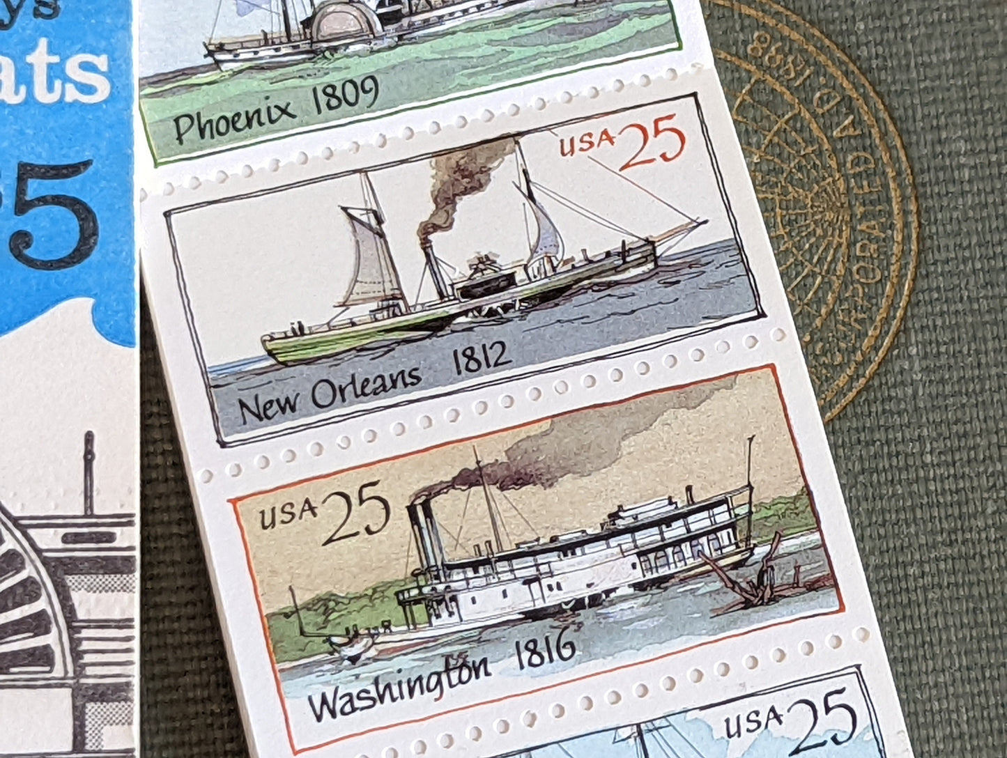 1989 Booklet of Twenty 25 Cent Stamps, Inland Waterway Steamboats, Boat Stamps, New Orleans, Phoenix, Washington, Vintage Collectible Stamps