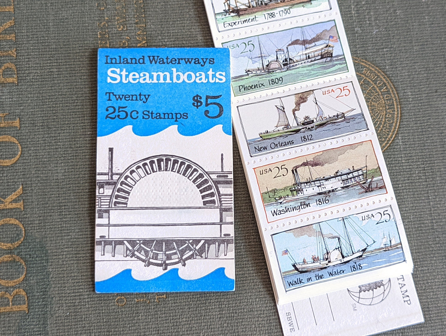 1989 Booklet of Twenty 25 Cent Stamps, Inland Waterway Steamboats, Boat Stamps, New Orleans, Phoenix, Washington, Vintage Collectible Stamps