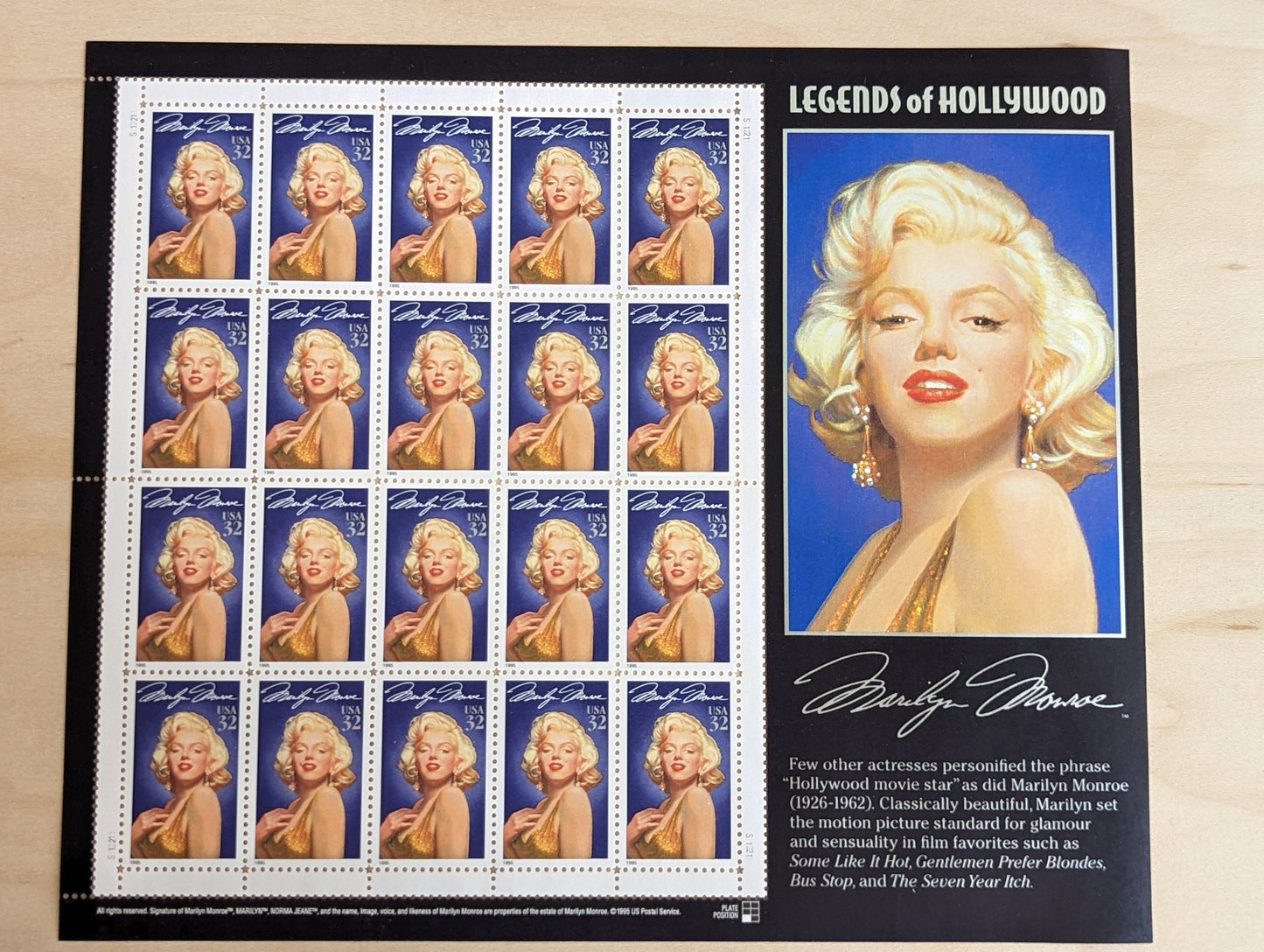 Marilyn Monroe Unused US Stamp Sheet, 1995, Sheet of 20, 32 Cent Stamps, Legends of Hollywood
