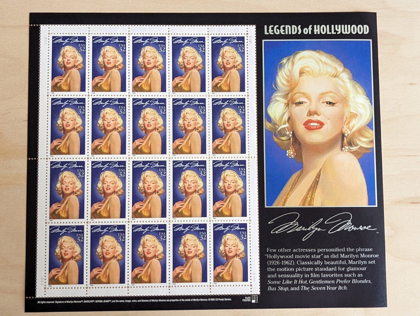 Marilyn Monroe Unused US Stamp Sheet, 1995, Sheet of 20, 32 Cent Stamps, Legends of Hollywood