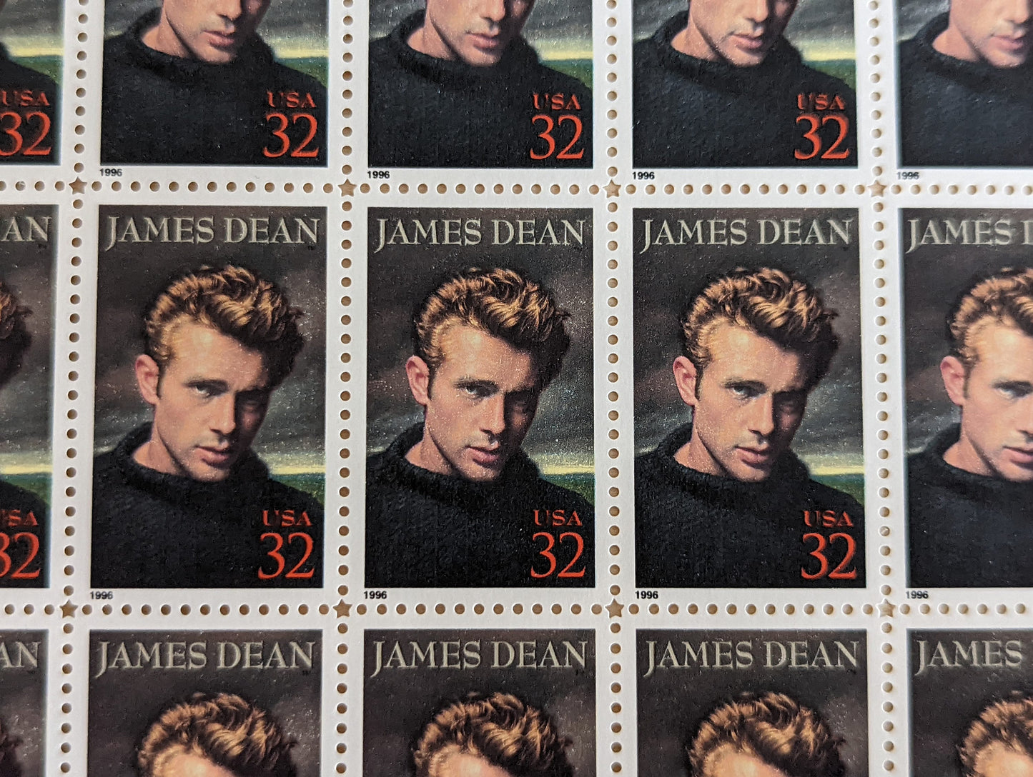 Legends of Hollywood Stamp Sheet, James Dean, Unused US 32 Cent Stamps, 20 Stamps, 1996