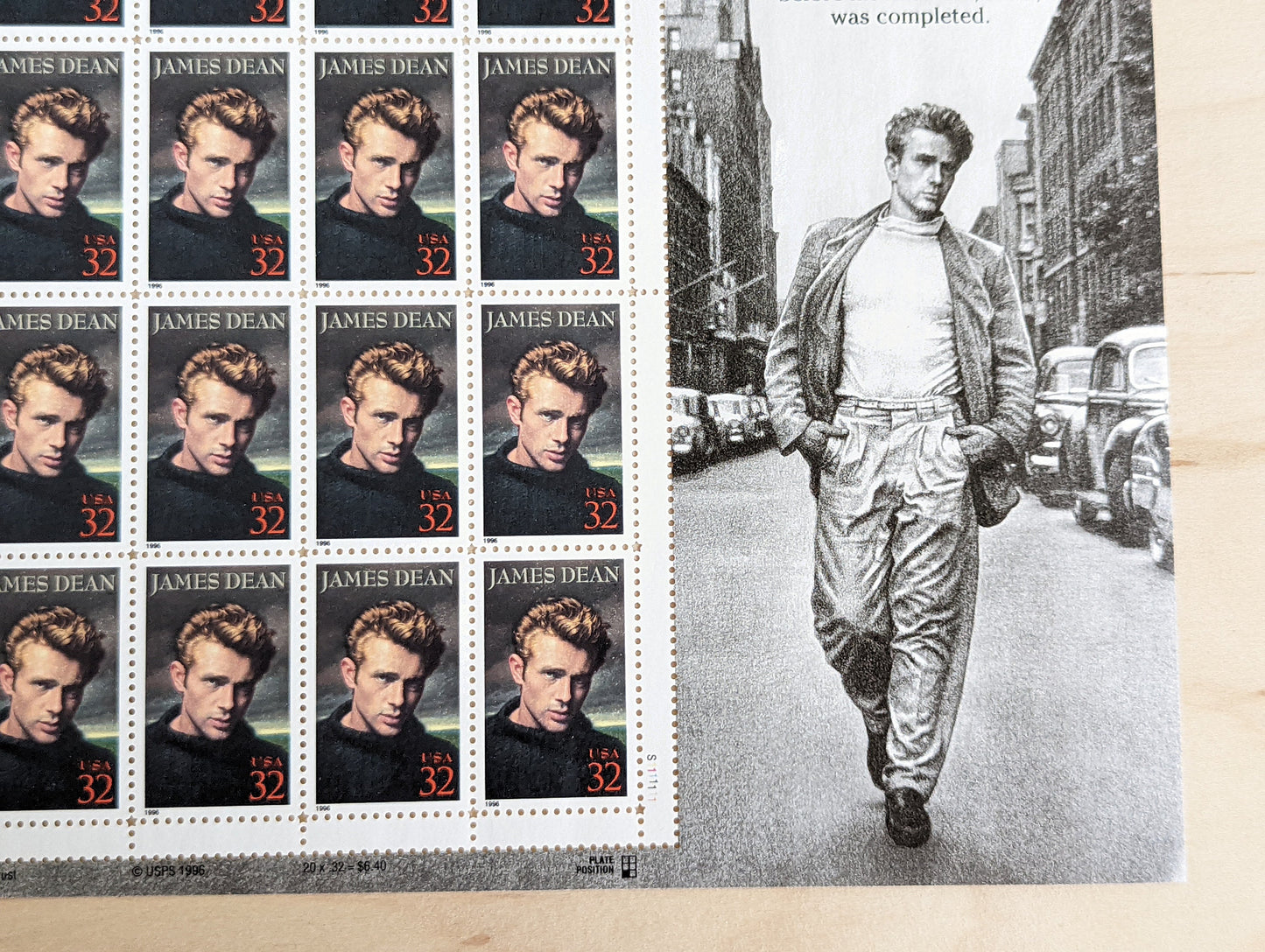 Legends of Hollywood Stamp Sheet, James Dean, Unused US 32 Cent Stamps, 20 Stamps, 1996