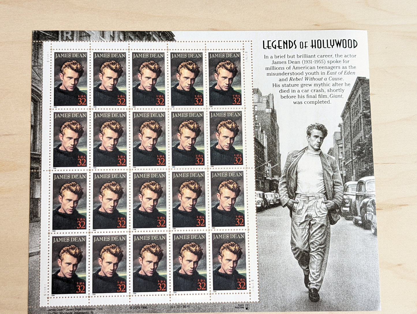 Legends of Hollywood Stamp Sheet, James Dean, Unused US 32 Cent Stamps, 20 Stamps, 1996