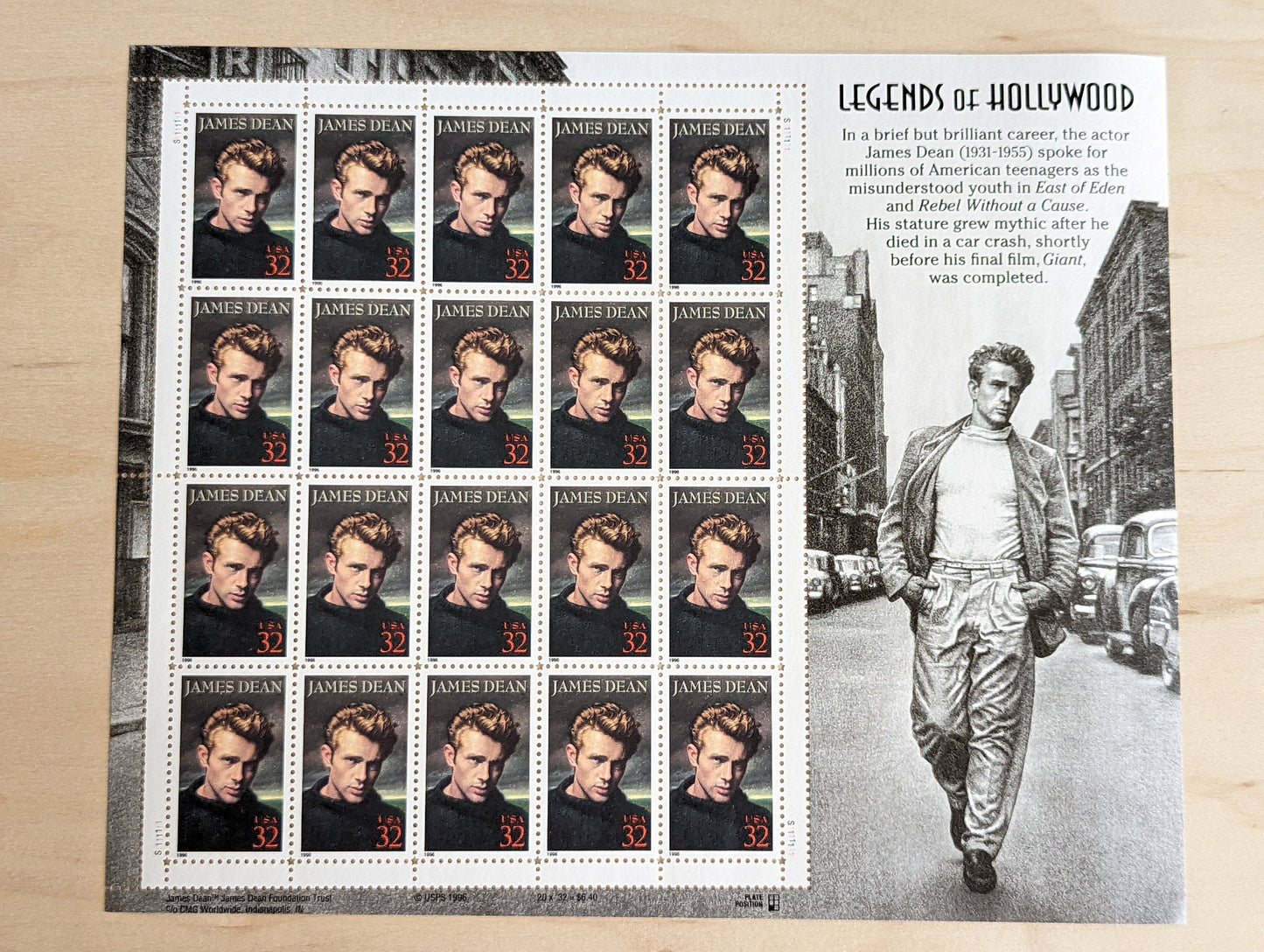 Legends of Hollywood Stamp Sheet, James Dean, Unused US 32 Cent Stamps, 20 Stamps, 1996