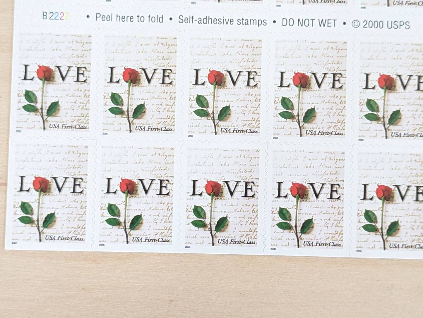 Sheet of 20 Love Postage Stamps, 34 Cent Stamps, 2000, Red Rose Love Letter, Vintage Collectible Stamps