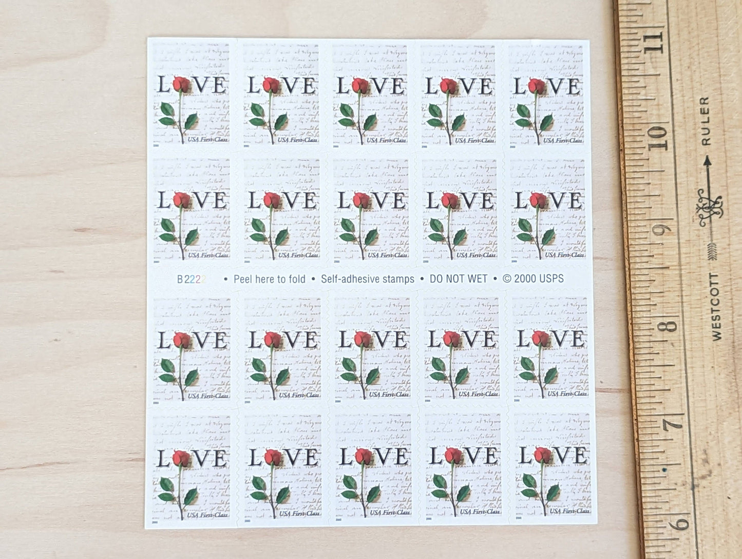 Sheet of 20 Love Postage Stamps, 34 Cent Stamps, 2000, Red Rose Love Letter, Vintage Collectible Stamps