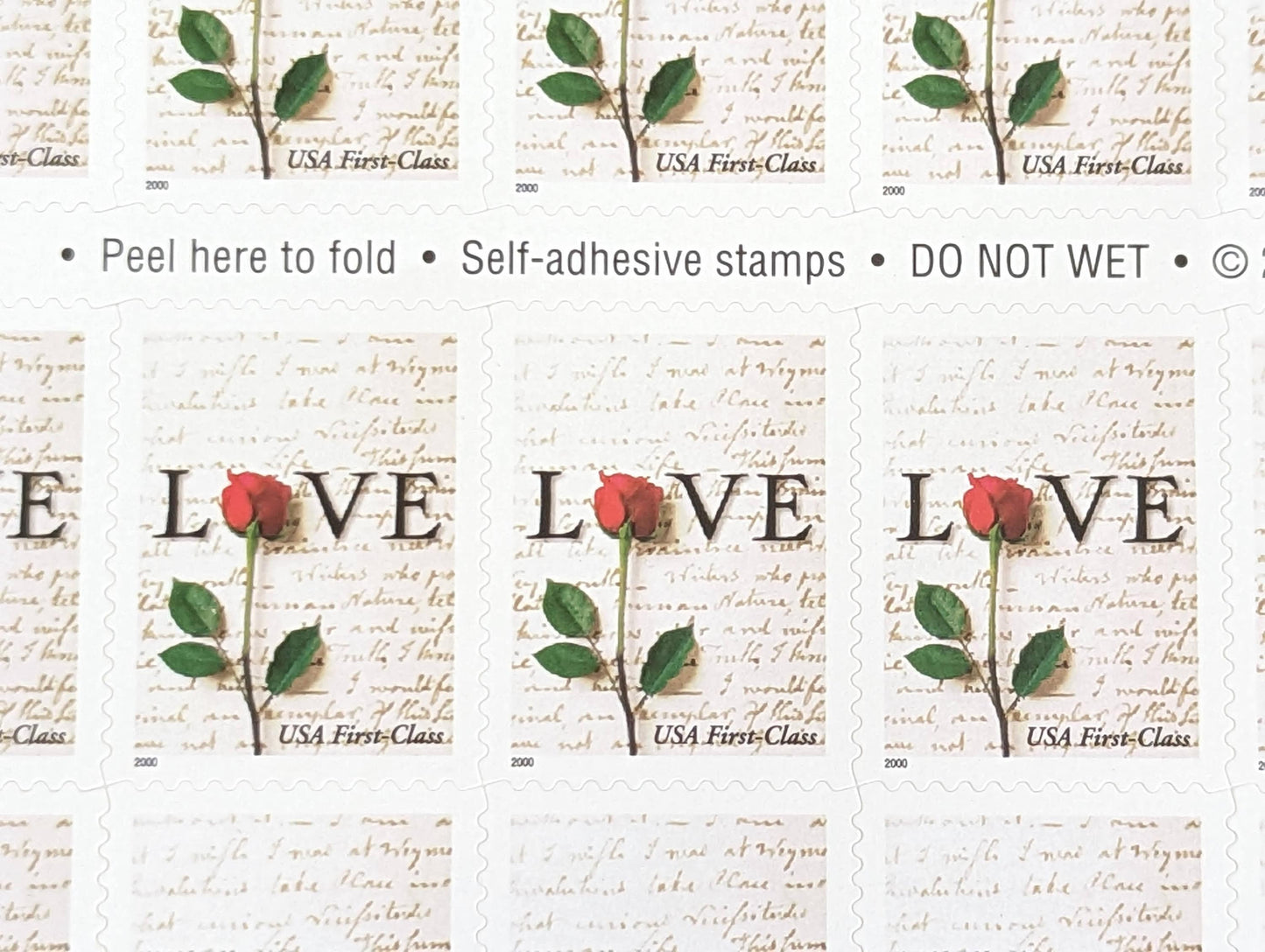 Sheet of 20 Love Postage Stamps, 34 Cent Stamps, 2000, Red Rose Love Letter, Vintage Collectible Stamps