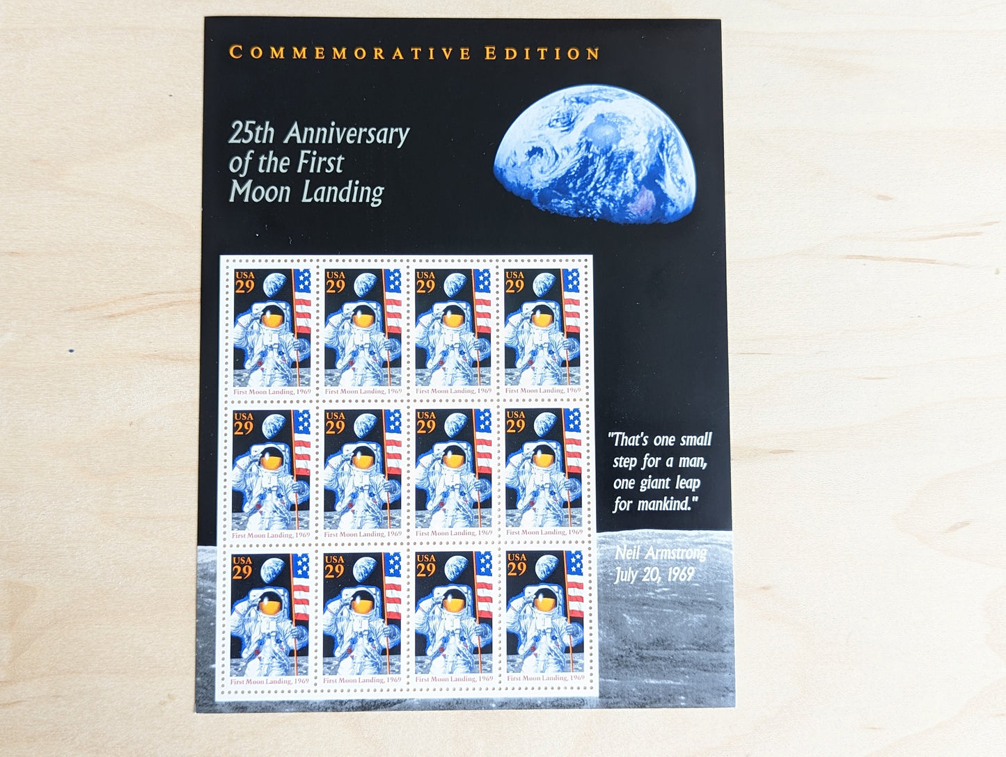 Sheet of Twelve 25th Anniversary of the First Moon Landing 1969 29 Cent Stamps, Unused US Postage Stamps, 3.48 in Postage, Issued in 1994