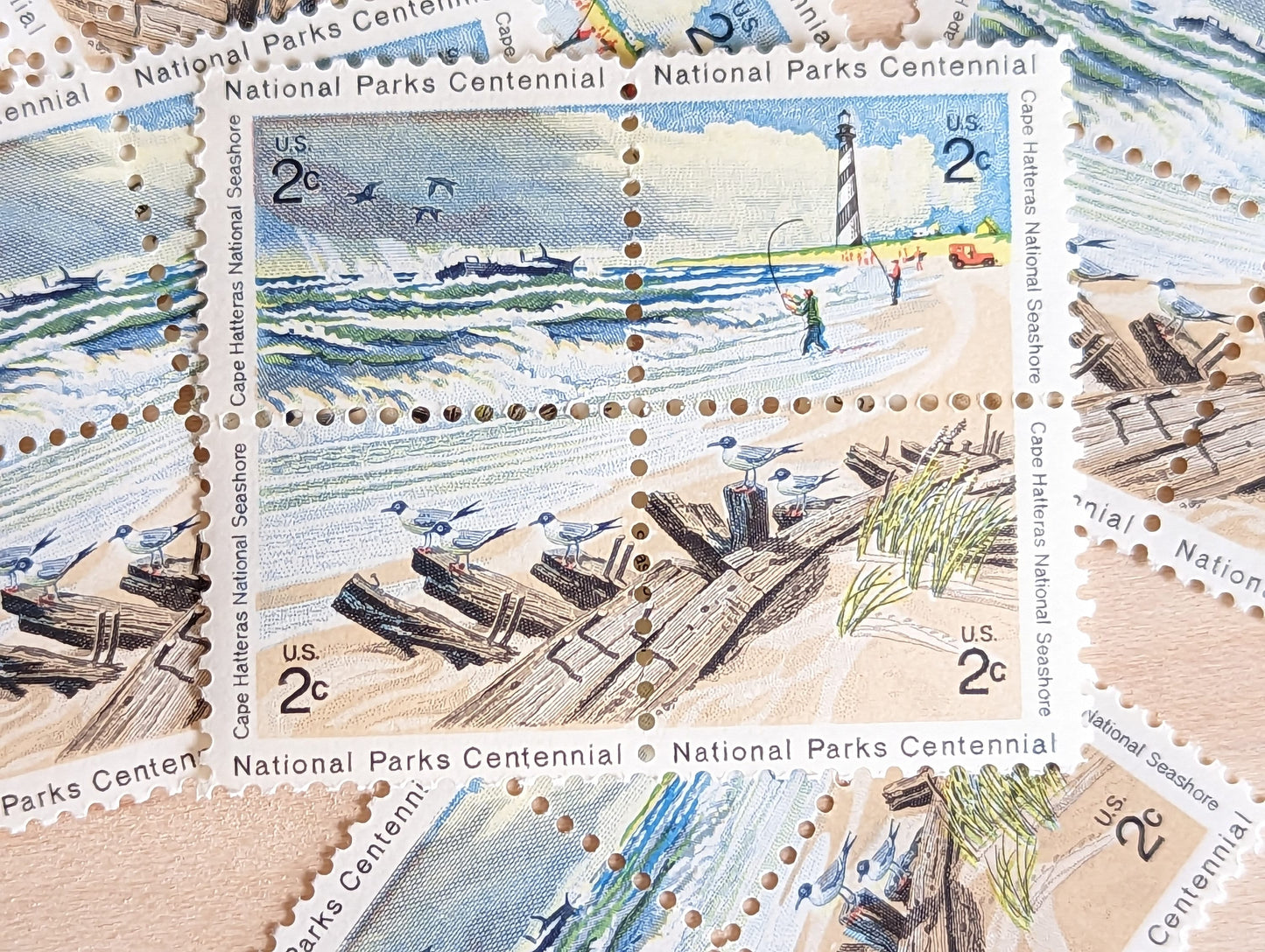 Sheet of 100 National Parks Centennial Cape Hatteras Stamps, Vintage Unused USPS 2 Cent Postage Stamps, 1972, Gummed