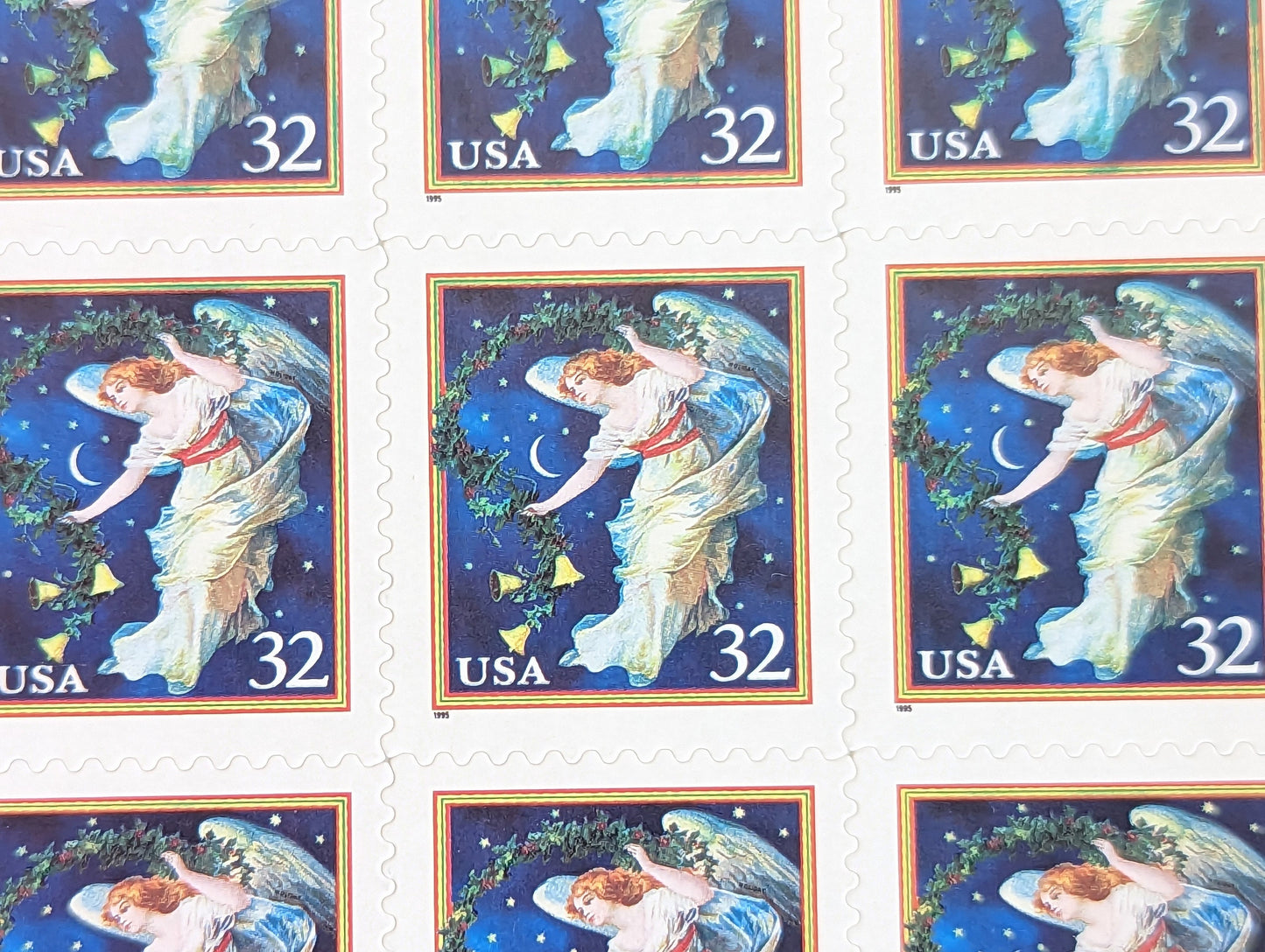Angel Christmas Stamps, Vintage Unused 32 Cent USPS Stamps, 1995 Self-Adhesive