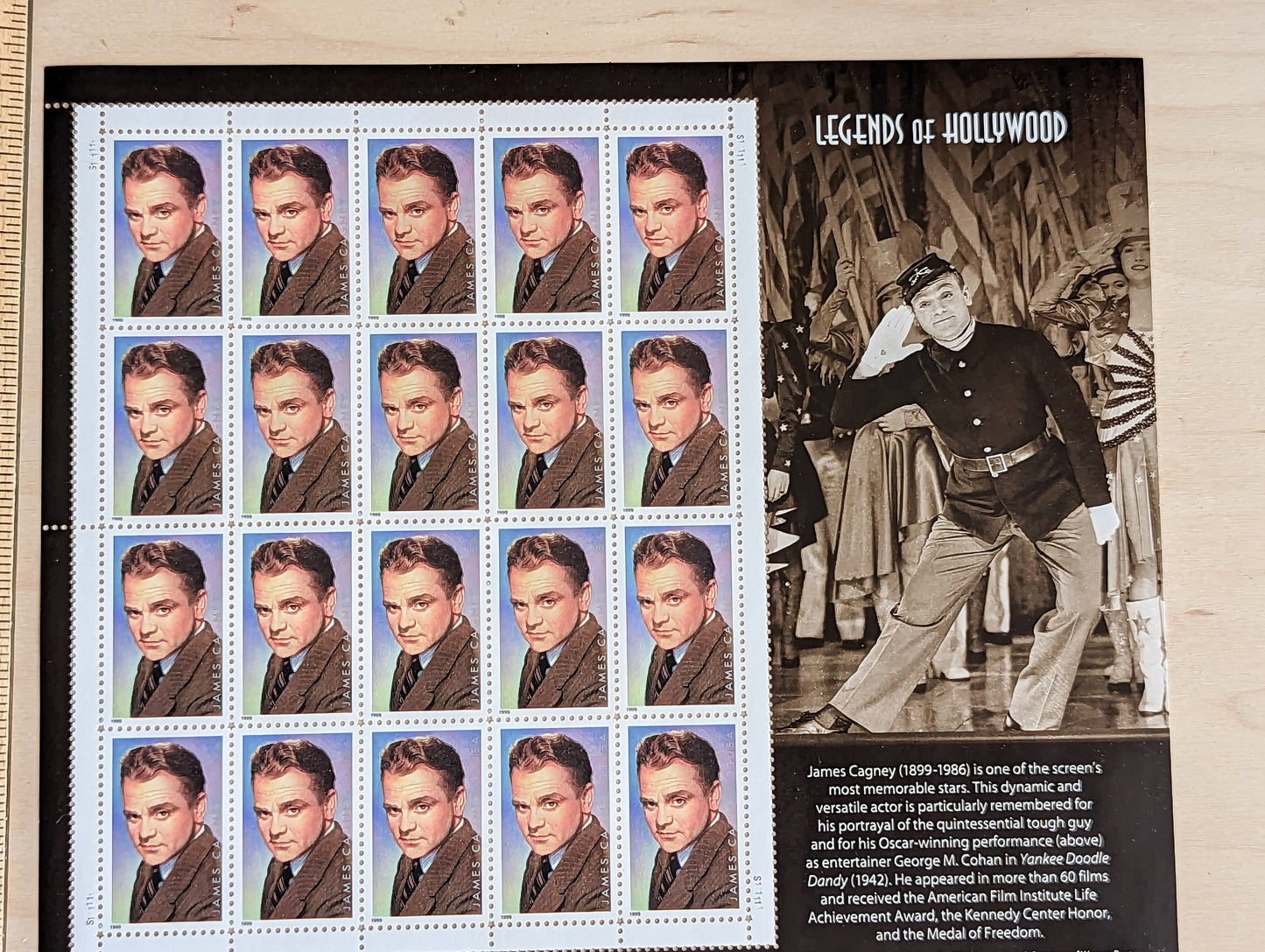 James Cagney Unused US Stamp Sheet, 1998, Sheet of 20, 33 Cent Stamps, Legends of Hollywood