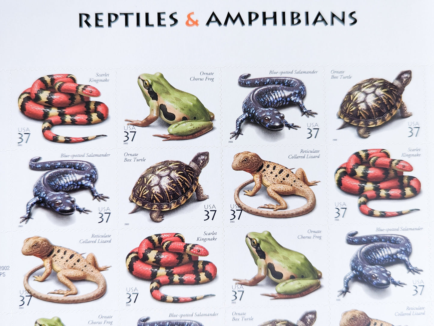 Sheet of 20 Reptiles and Amphibians Unused US Stamps, 2002, 37 Cent Stamps, Frog, Lizard, Box Turtle, Scarlet Kingsnake, Salamander