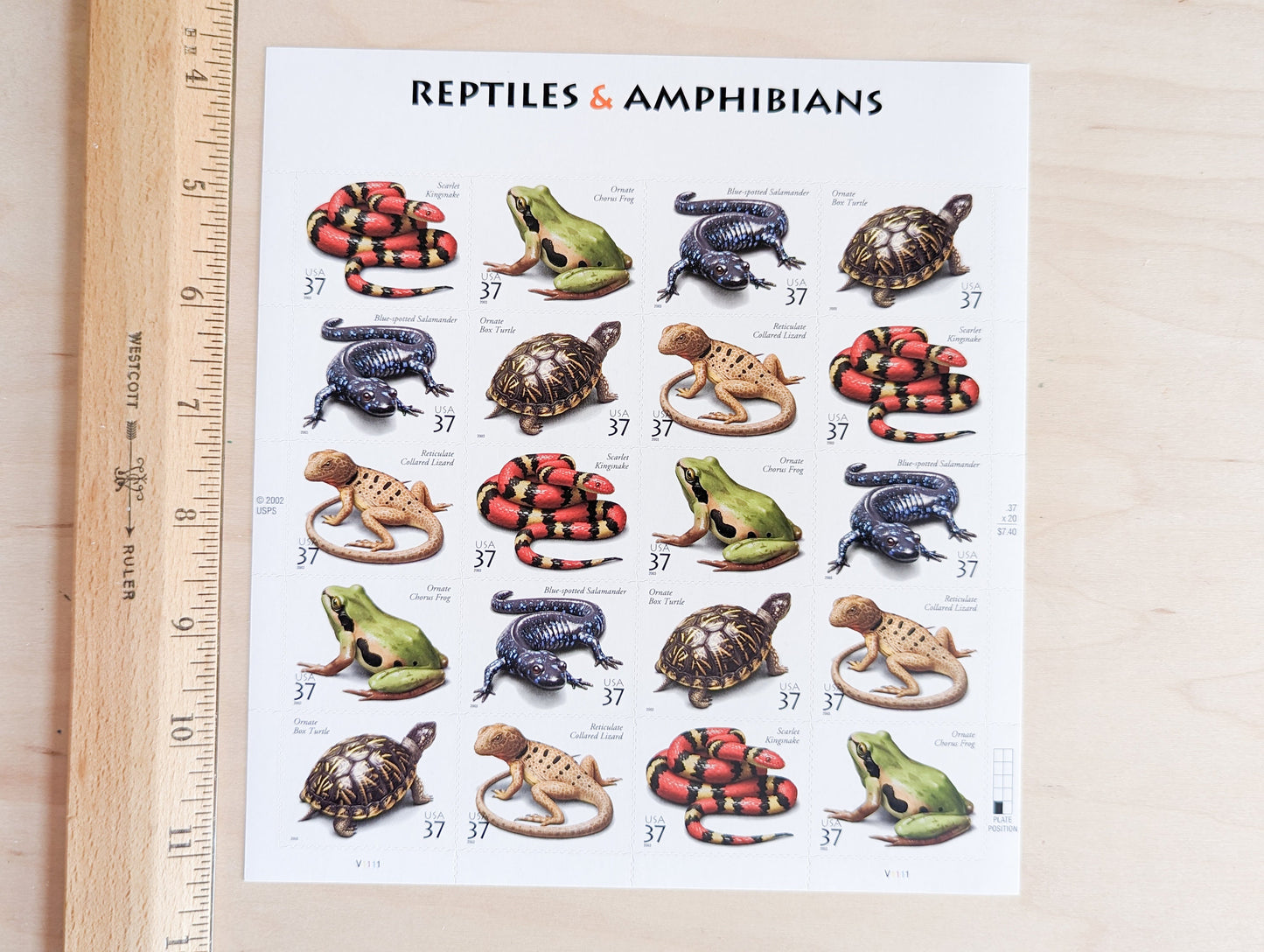 Sheet of 20 Reptiles and Amphibians Unused US Stamps, 2002, 37 Cent Stamps, Frog, Lizard, Box Turtle, Scarlet Kingsnake, Salamander