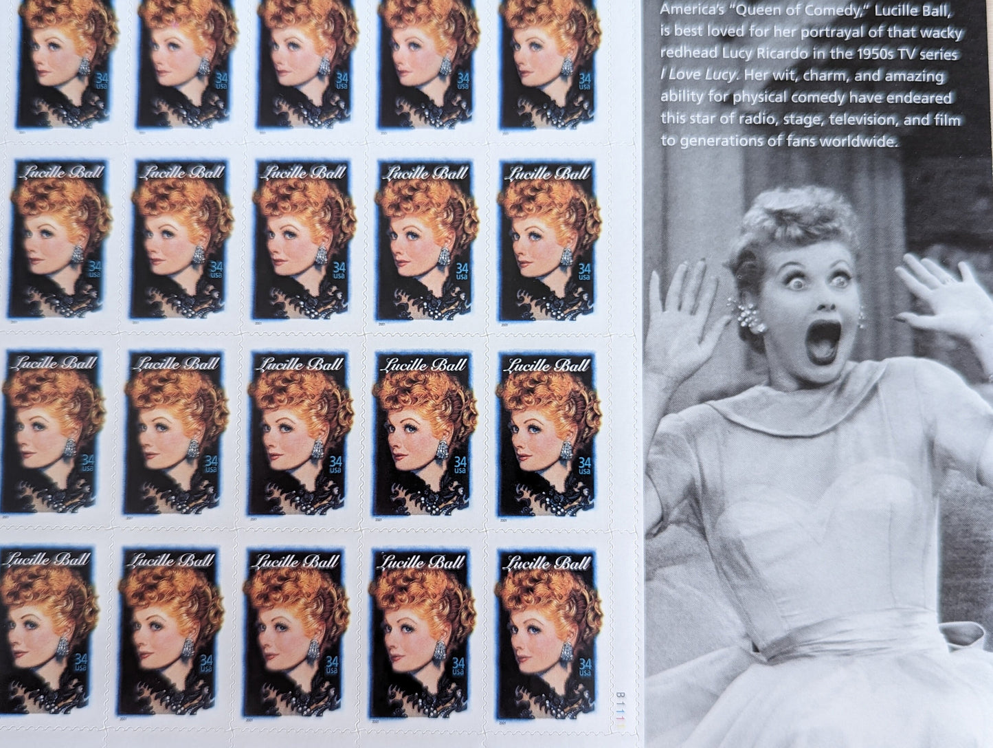 Lucille Ball Unused US Stamp Sheet, 2000, Sheet of 20, 34 Cent Stamps, Legends of Hollywood