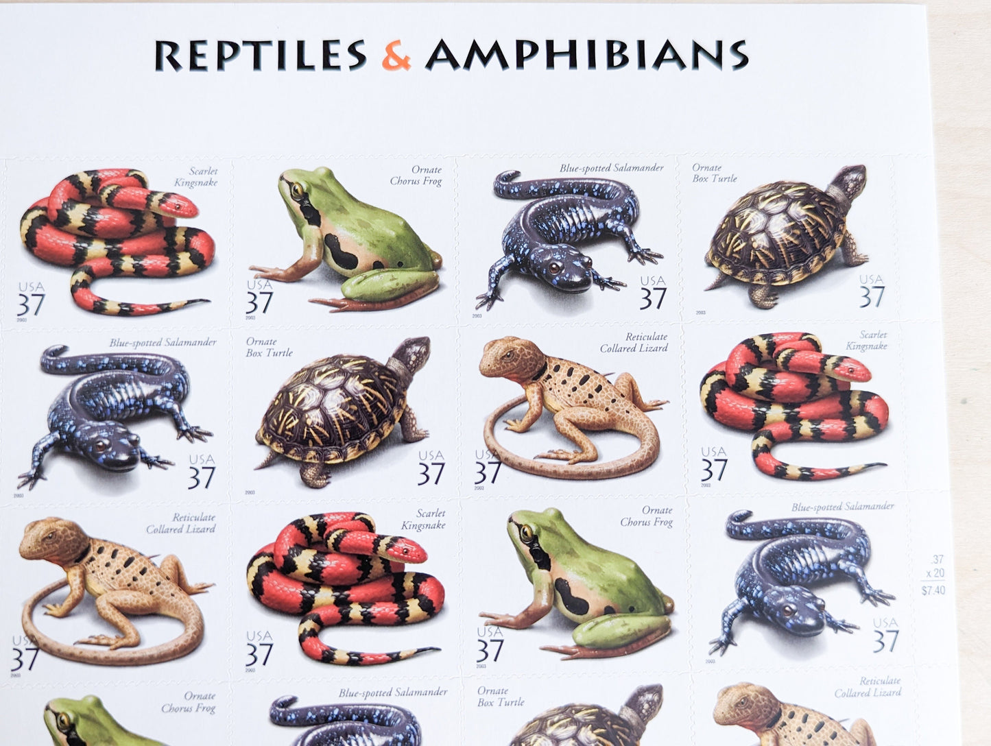 Sheet of 20 Reptiles and Amphibians Unused US Stamps, 2002, 37 Cent Stamps, Frog, Lizard, Box Turtle, Scarlet Kingsnake, Salamander