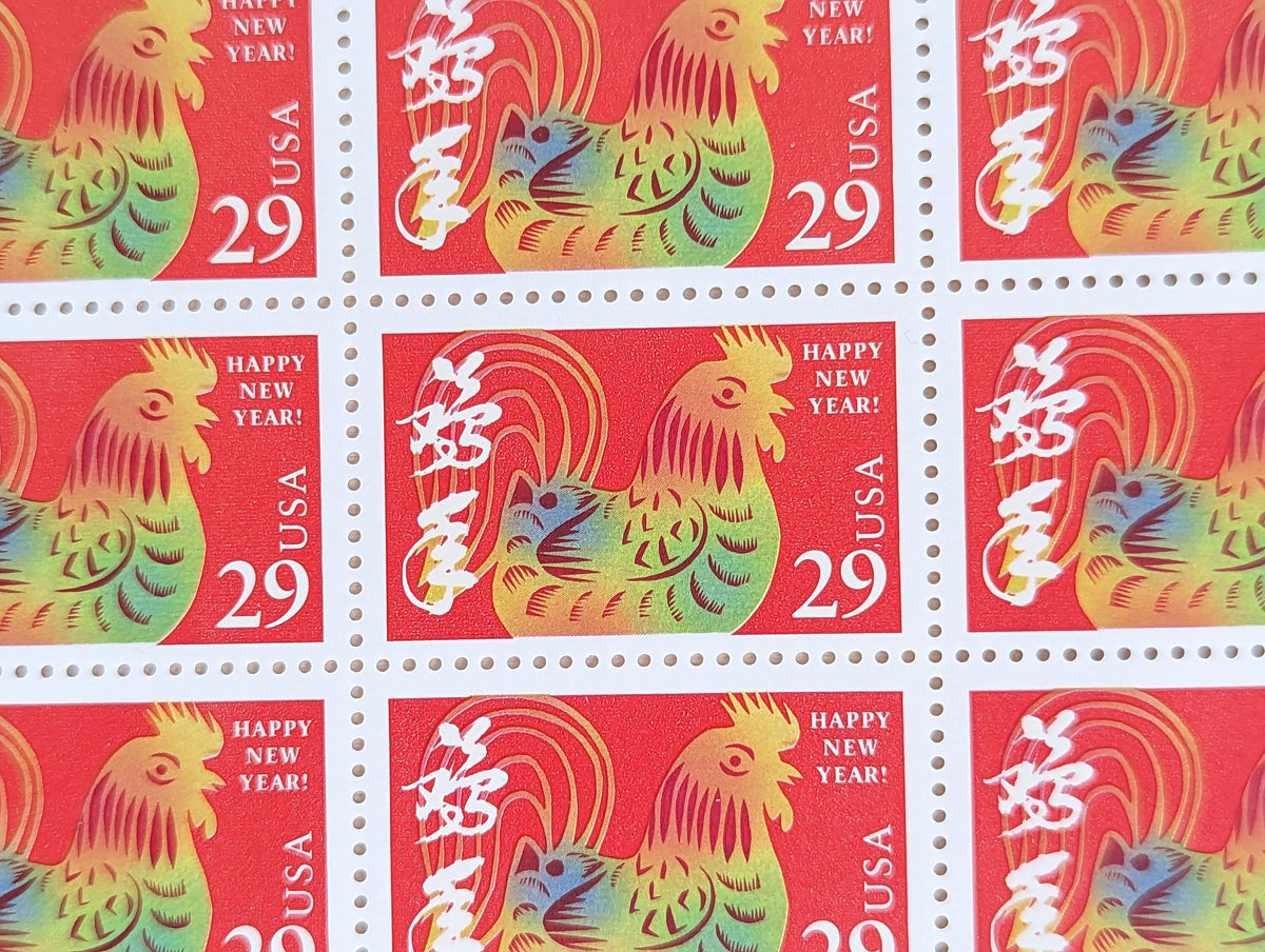 Sheet of 20 1993 Lunar New Year Rooster Postage Stamps, 29 Cent Stamps, Unused Postage Stamps