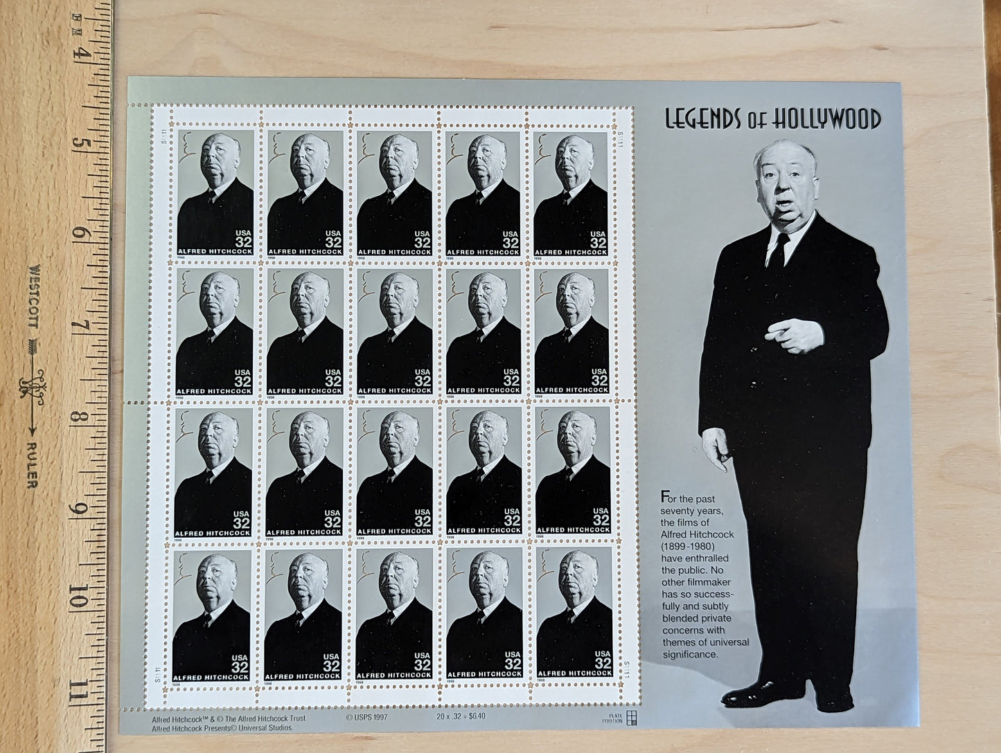 Alfred Hitchcock Unused US Stamp Sheet, 1997, Sheet of 20, 32 Cent Stamps, Legends of Hollywood
