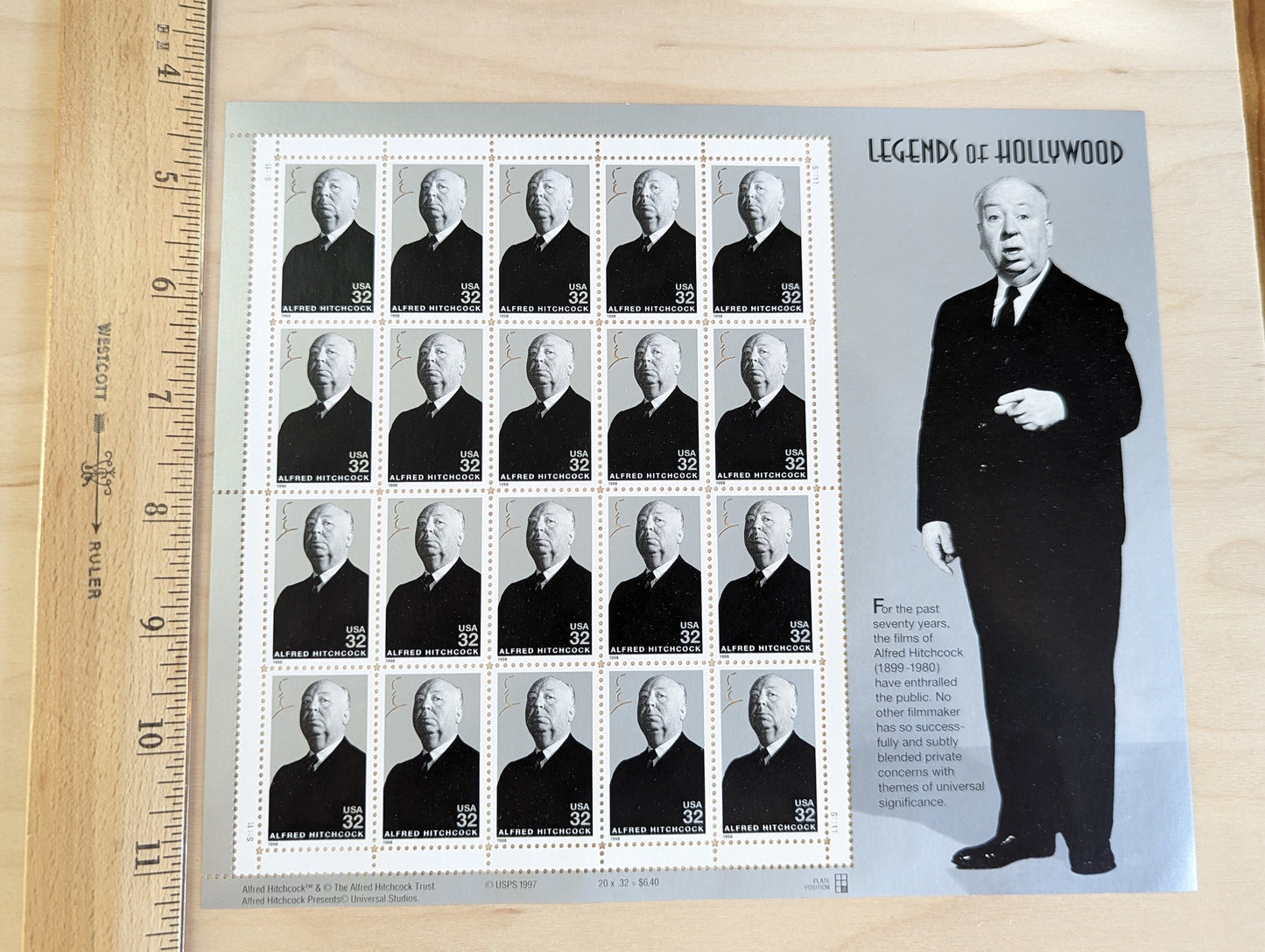 Alfred Hitchcock Unused US Stamp Sheet, 1997, Sheet of 20, 32 Cent Stamps, Legends of Hollywood