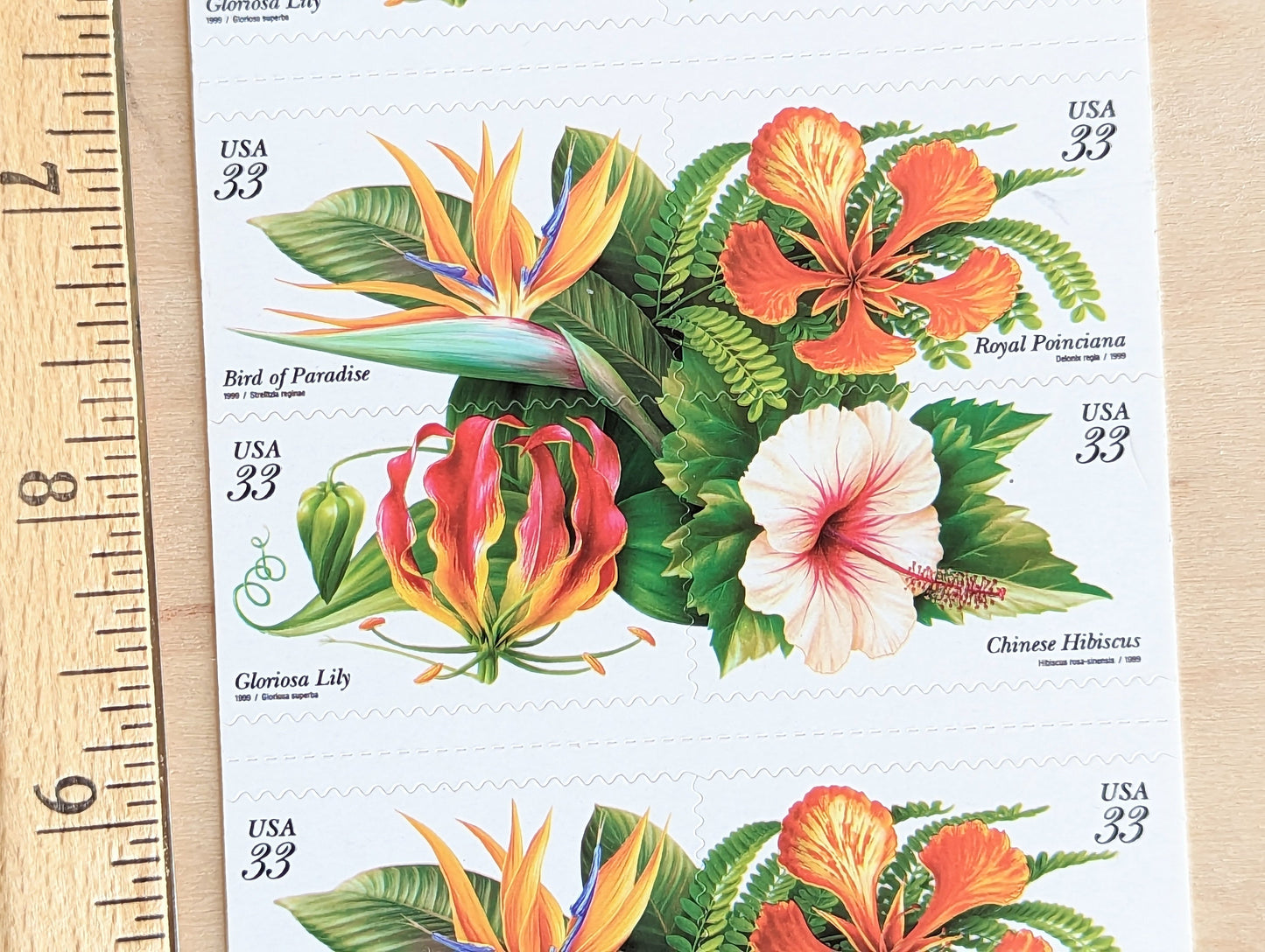 Sheet of 20 Tropical Flowers Postage Stamps, 33 Cent Stamps, 1998, Bird of Paradise, Royal Poinciana, Chinese Hibiscus, Gloriosa Lily