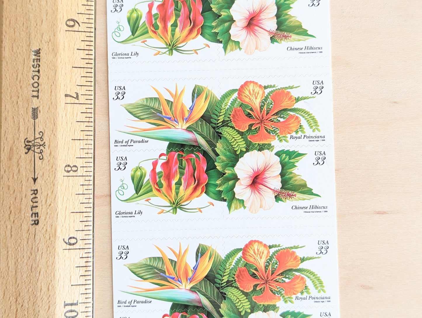 Sheet of 20 Tropical Flowers Postage Stamps, 33 Cent Stamps, 1998, Bird of Paradise, Royal Poinciana, Chinese Hibiscus, Gloriosa Lily