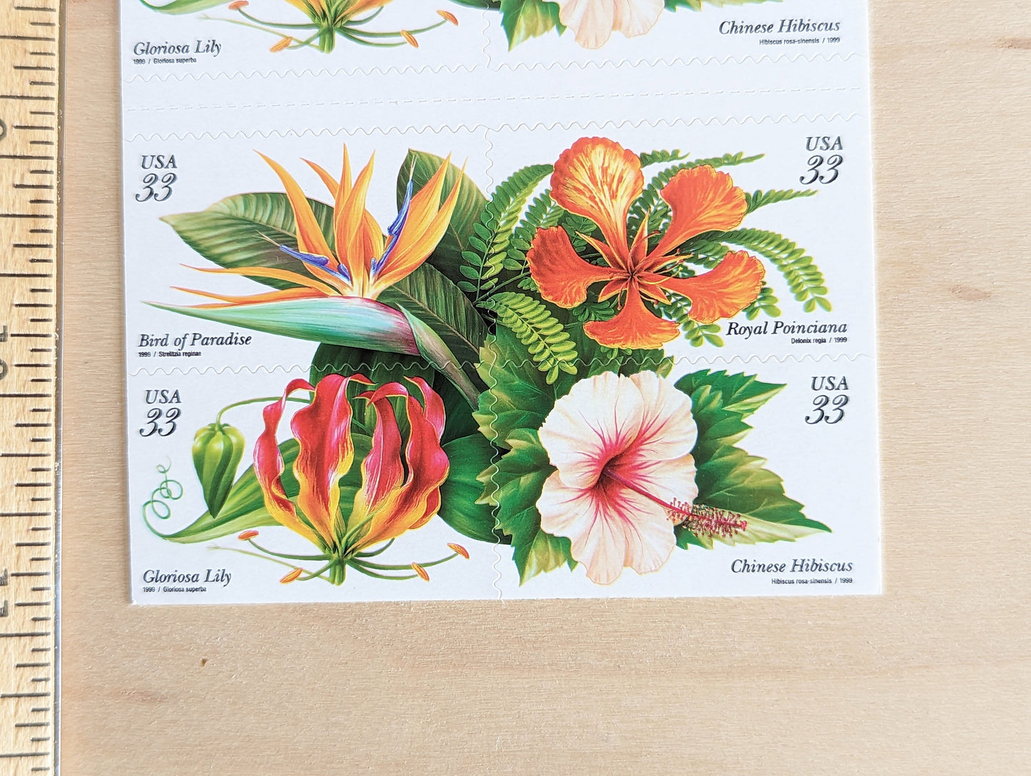 Sheet of 20 Tropical Flowers Postage Stamps, 33 Cent Stamps, 1998, Bird of Paradise, Royal Poinciana, Chinese Hibiscus, Gloriosa Lily
