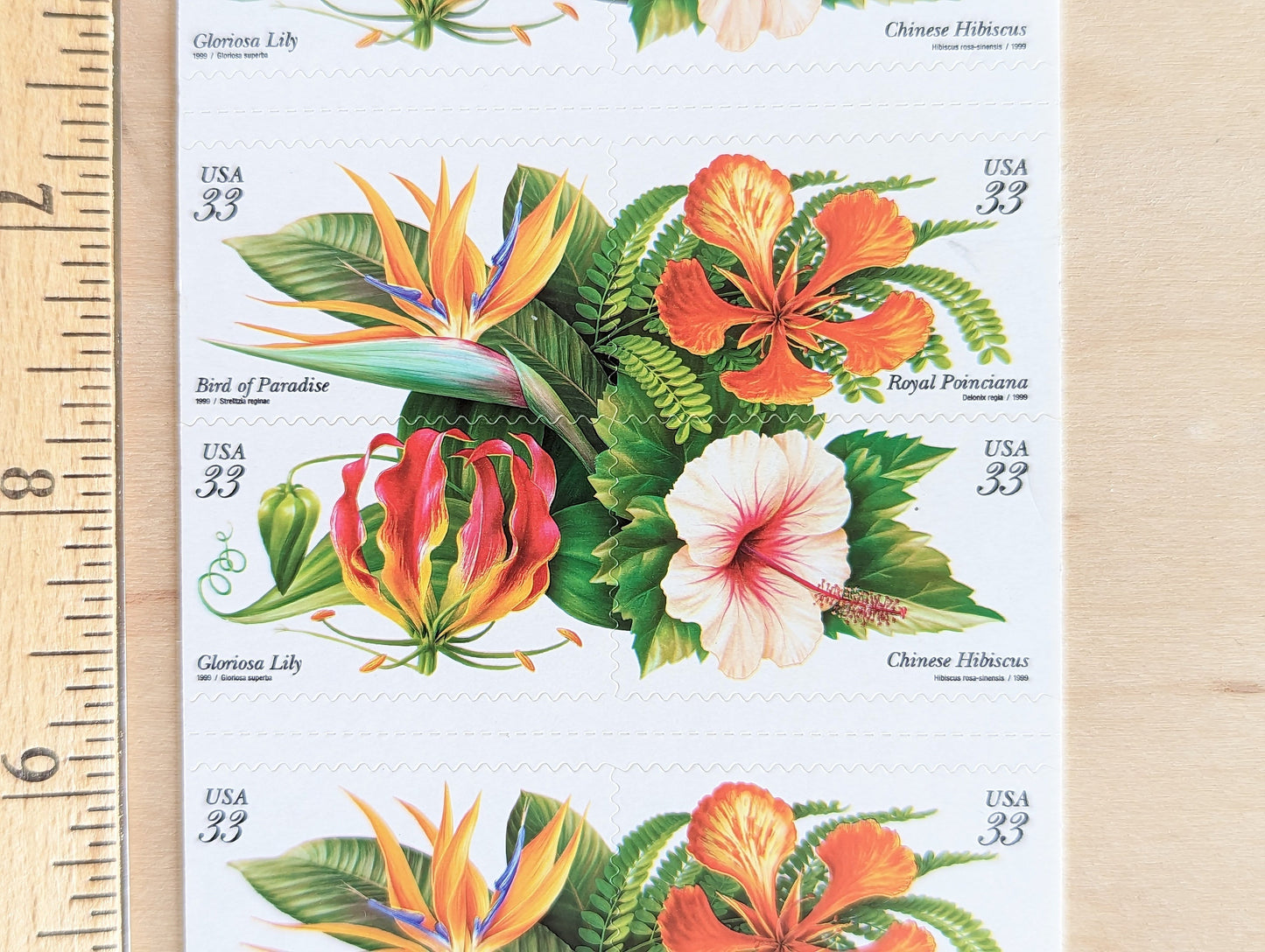 Sheet of 20 Tropical Flowers Postage Stamps, 33 Cent Stamps, 1998, Bird of Paradise, Royal Poinciana, Chinese Hibiscus, Gloriosa Lily