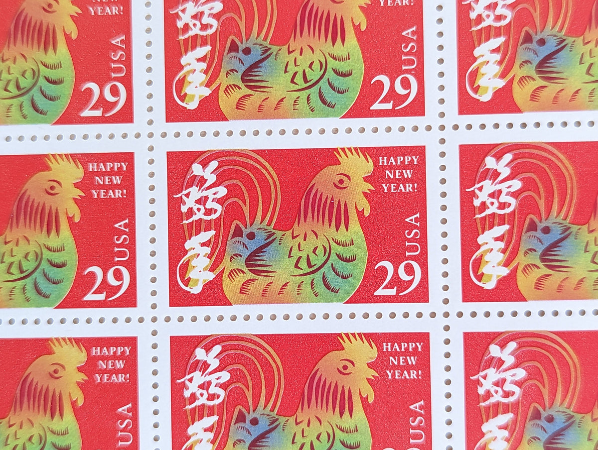 Sheet of 20 1993 Lunar New Year Rooster Postage Stamps, 29 Cent Stamps, Unused Postage Stamps