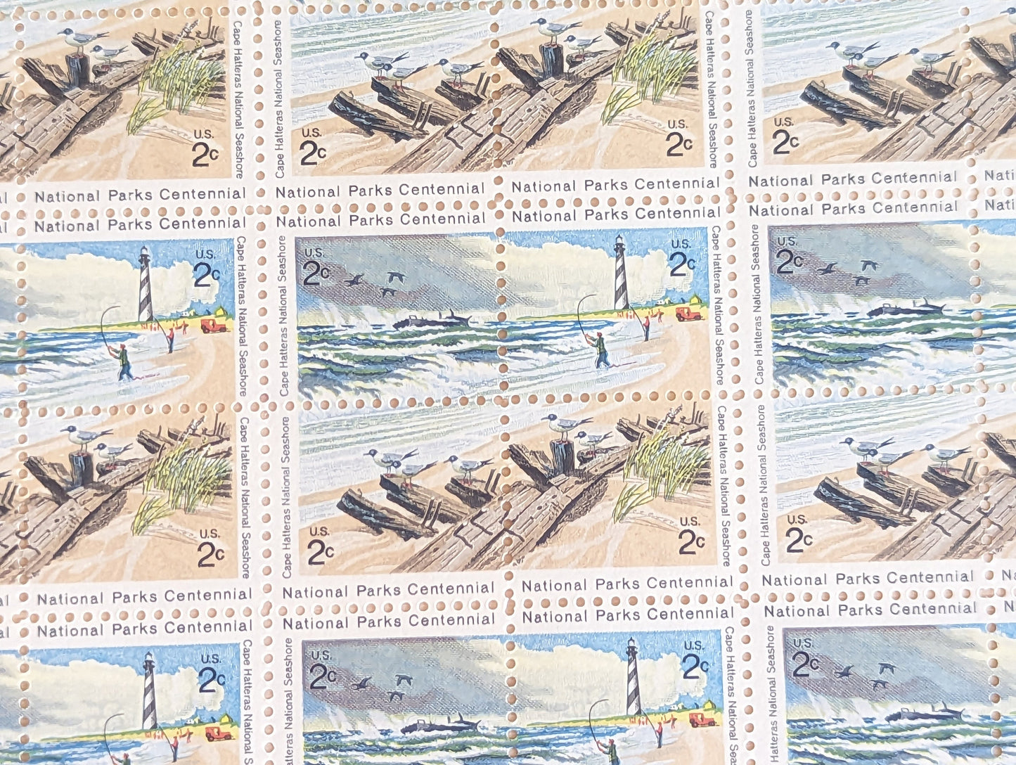 Sheet of 100 National Parks Centennial Cape Hatteras Stamps, Vintage Unused USPS 2 Cent Postage Stamps, 1972, Gummed