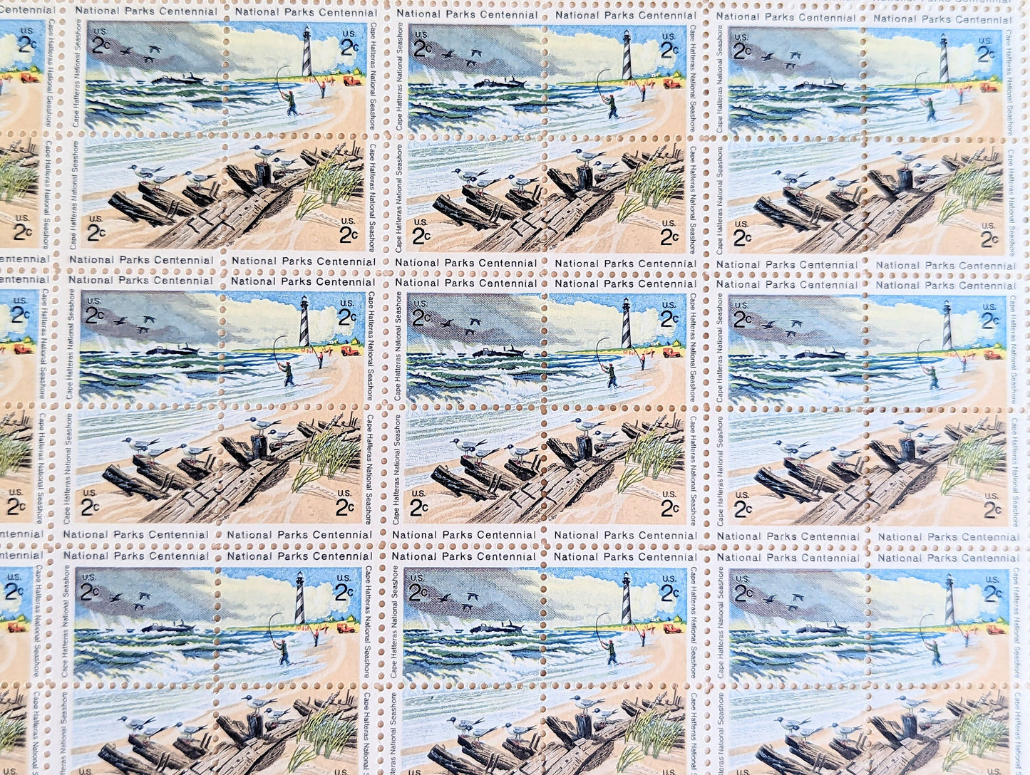 Sheet of 100 National Parks Centennial Cape Hatteras Stamps, Vintage Unused USPS 2 Cent Postage Stamps, 1972, Gummed