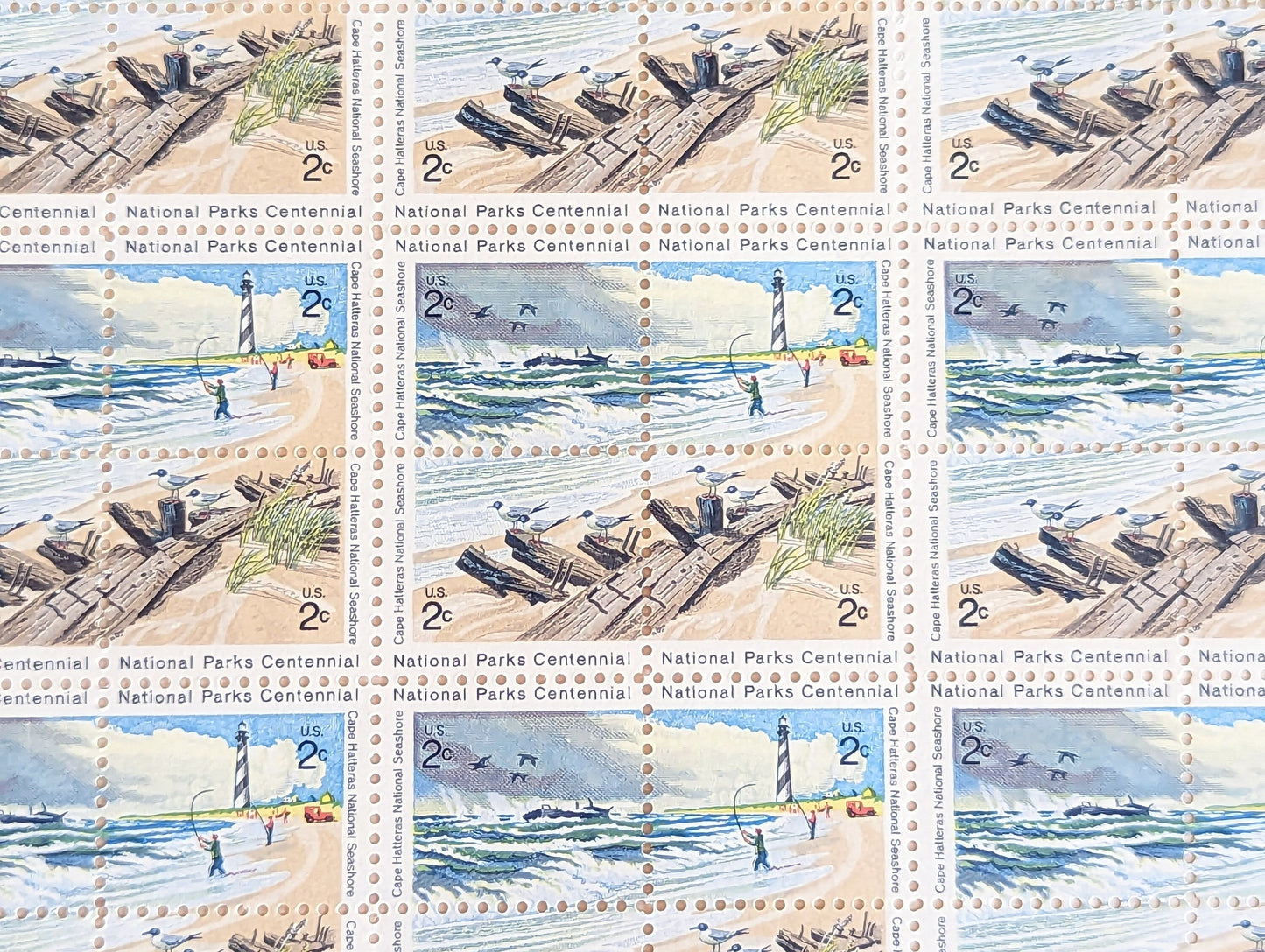 Sheet of 100 National Parks Centennial Cape Hatteras Stamps, Vintage Unused USPS 2 Cent Postage Stamps, 1972, Gummed