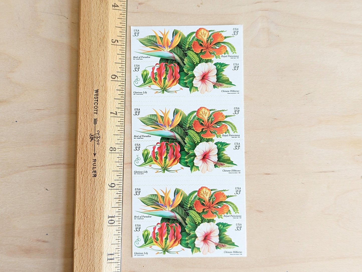 Sheet of 20 Tropical Flowers Postage Stamps, 33 Cent Stamps, 1998, Bird of Paradise, Royal Poinciana, Chinese Hibiscus, Gloriosa Lily