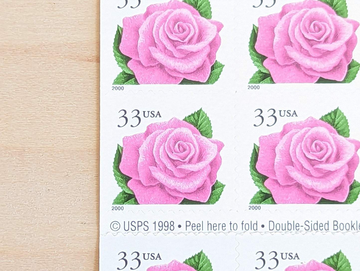 Booklet of Twenty 33 Cent Pink Rose Stamps, 20 Unused Stamps, 1998