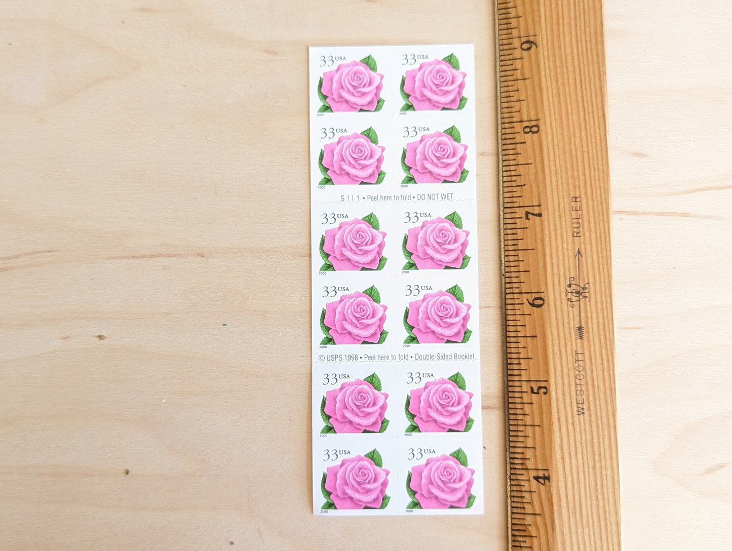 Booklet of Twenty 33 Cent Pink Rose Stamps, 20 Unused Stamps, 1998
