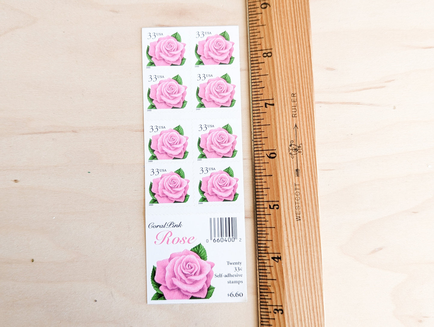 Booklet of Twenty 33 Cent Pink Rose Stamps, 20 Unused Stamps, 1998