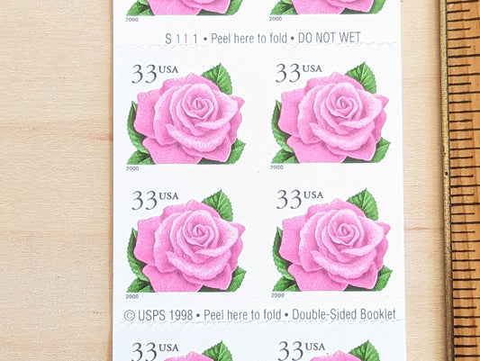 Booklet of Twenty 33 Cent Pink Rose Stamps, 20 Unused Stamps, 1998