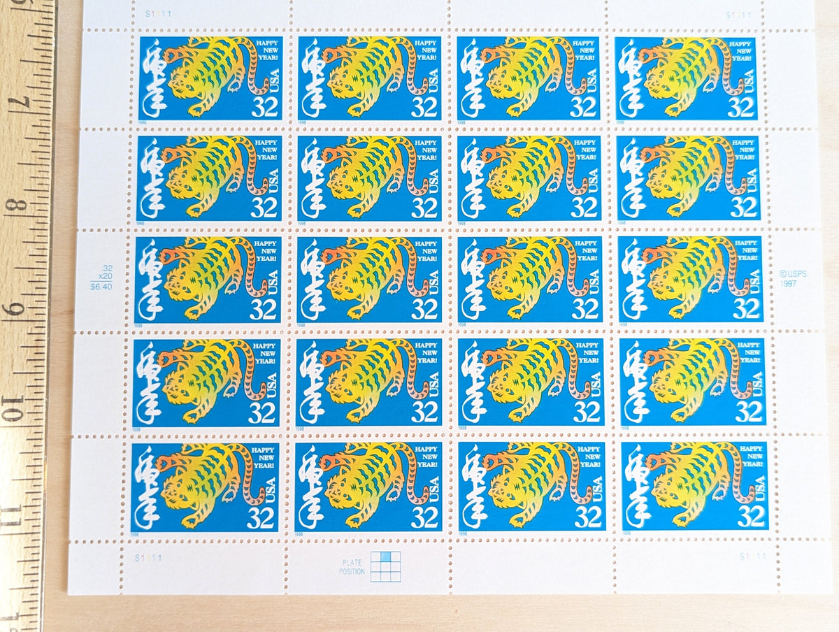 Sheet of 20 1997 Lunar New Year Tiger Postage Stamps, 32 Cent Stamps, Unused Postage Stamps