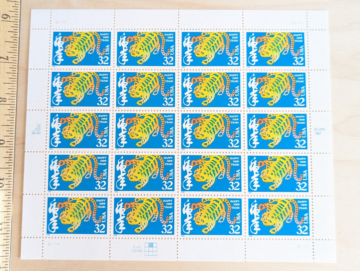 Sheet of 20 1997 Lunar New Year Tiger Postage Stamps, 32 Cent Stamps, Unused Postage Stamps