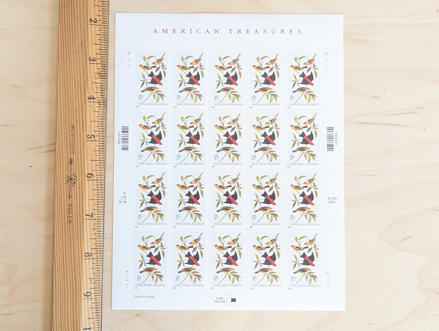 Sheet of 20 John James Audubon American Treasures Bird Postage Stamps, 37 Cent Stamps, 2001