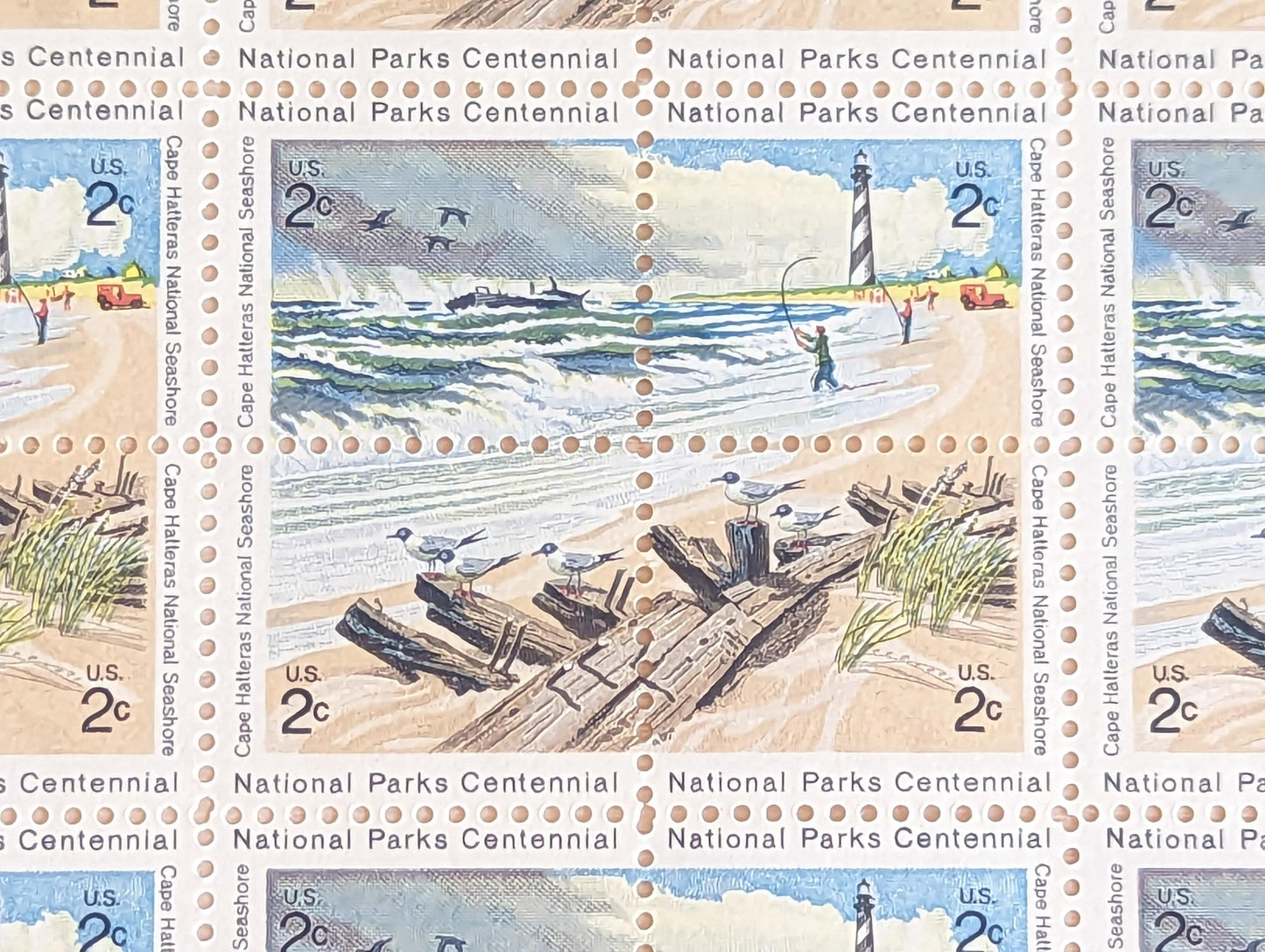 Sheet of 100 National Parks Centennial Cape Hatteras Stamps, Vintage Unused USPS 2 Cent Postage Stamps, 1972, Gummed