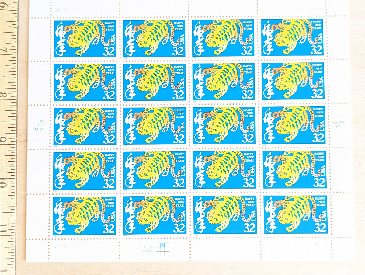 Sheet of 20 1997 Lunar New Year Tiger Postage Stamps, 32 Cent Stamps, Unused Postage Stamps