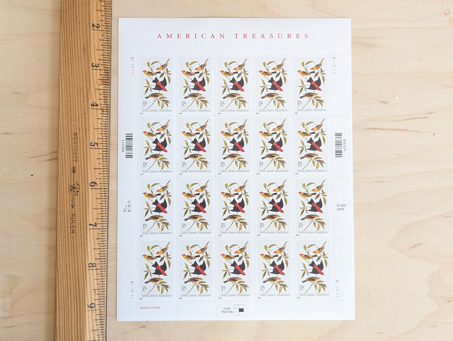 Sheet of 20 John James Audubon American Treasures Bird Postage Stamps, 37 Cent Stamps, 2001