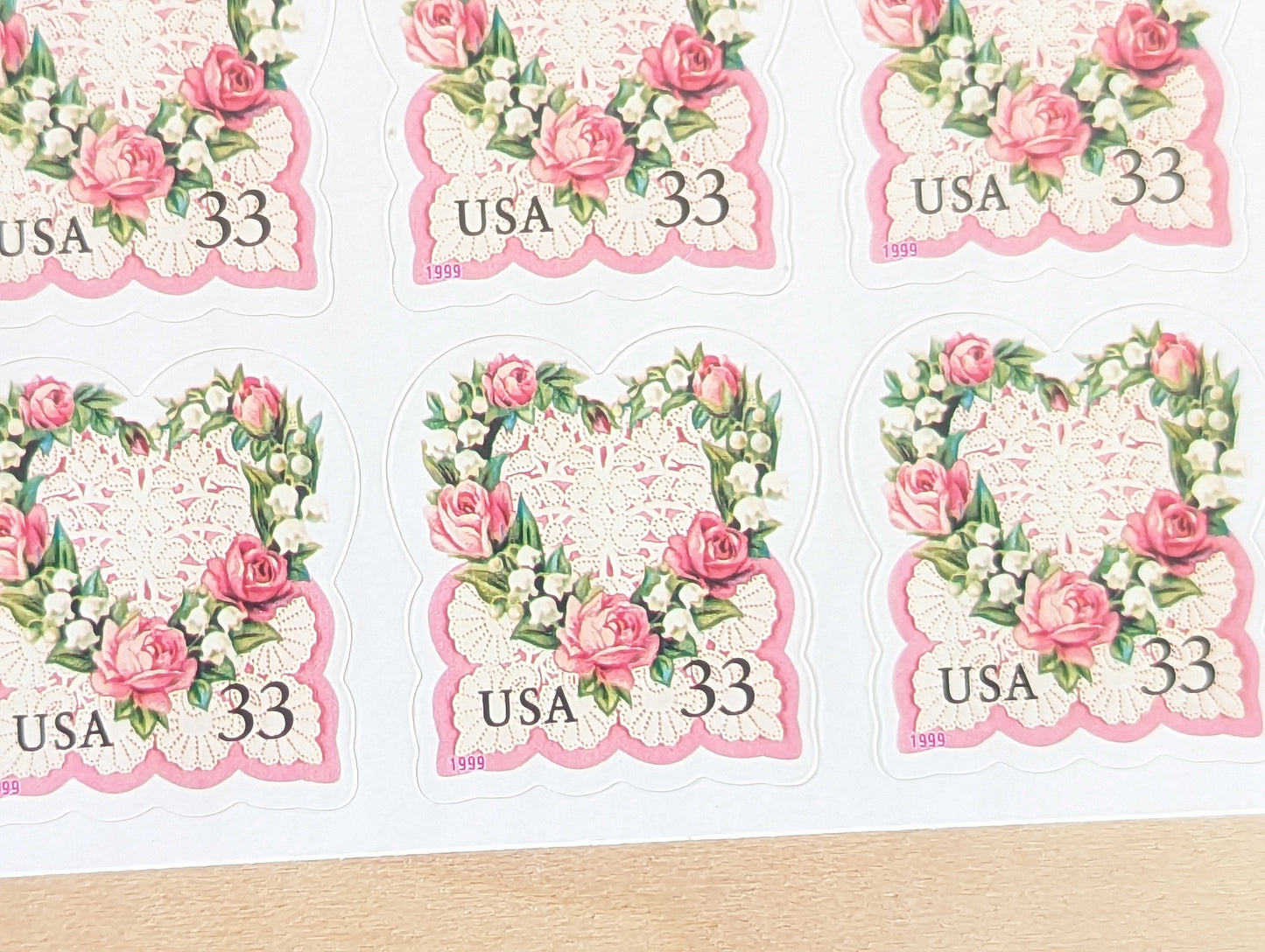 Lace and Rose Heart Wreath Stamps, Sheet of 20, Vintage Unused USPS 33 Cent Postage Stamps, Love Stamps 1999, Gummed
