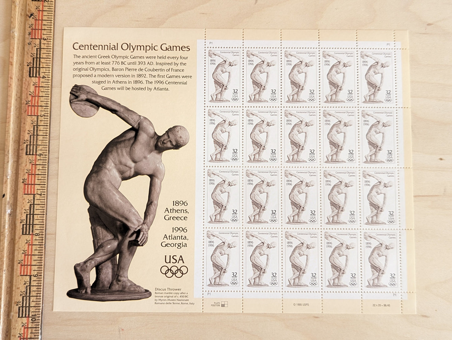 Centennial Olympic Games Stamp Sheet of 20, 1995 Unused 32 Cent US Postage Stamps