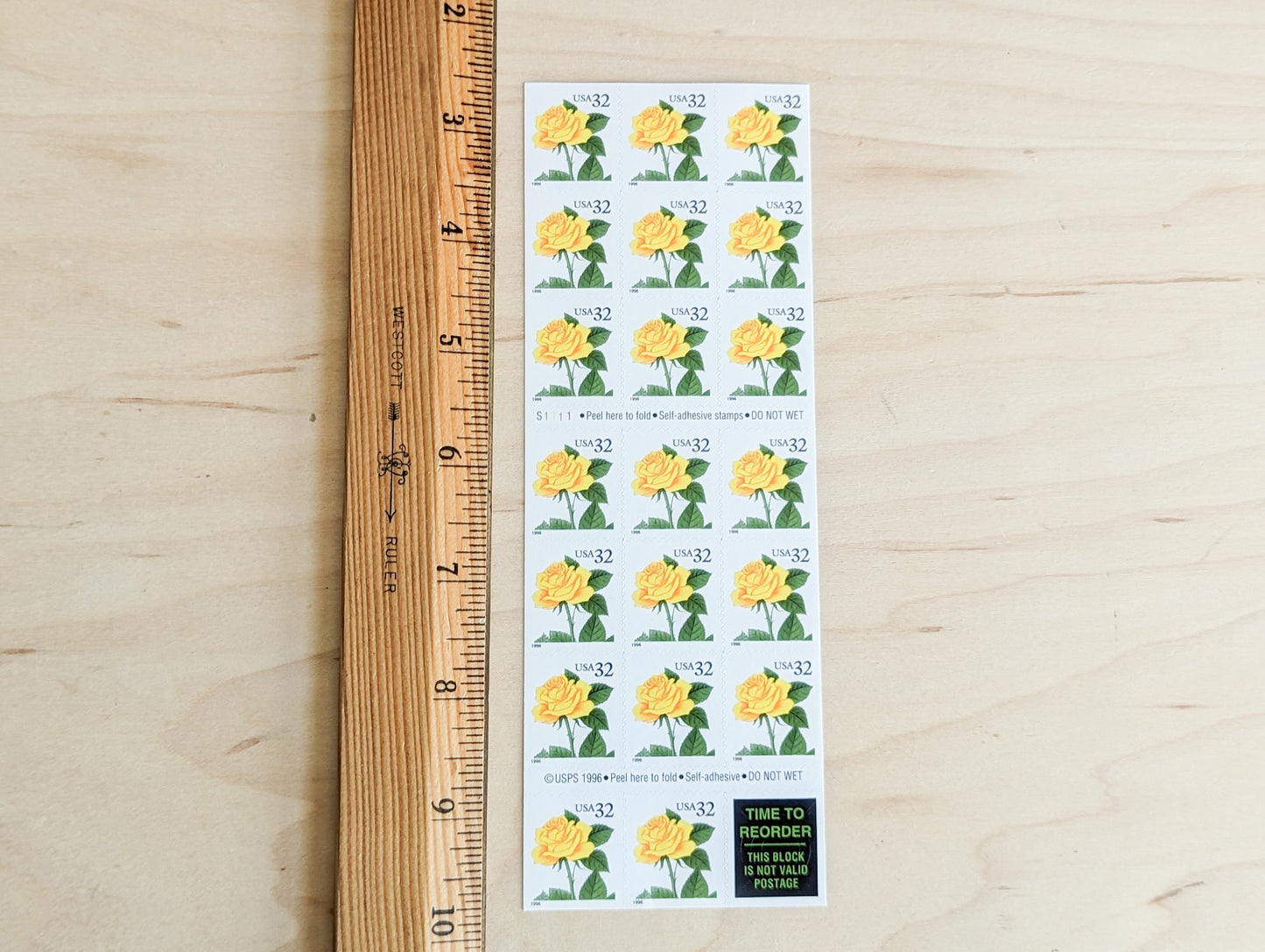 Sheet Of 20 Yellow Rose Stamps, 1996 Unused Postage Stamps, 32 Cent Stamp, Self-Adhesive, Vintage Collectible Stamps